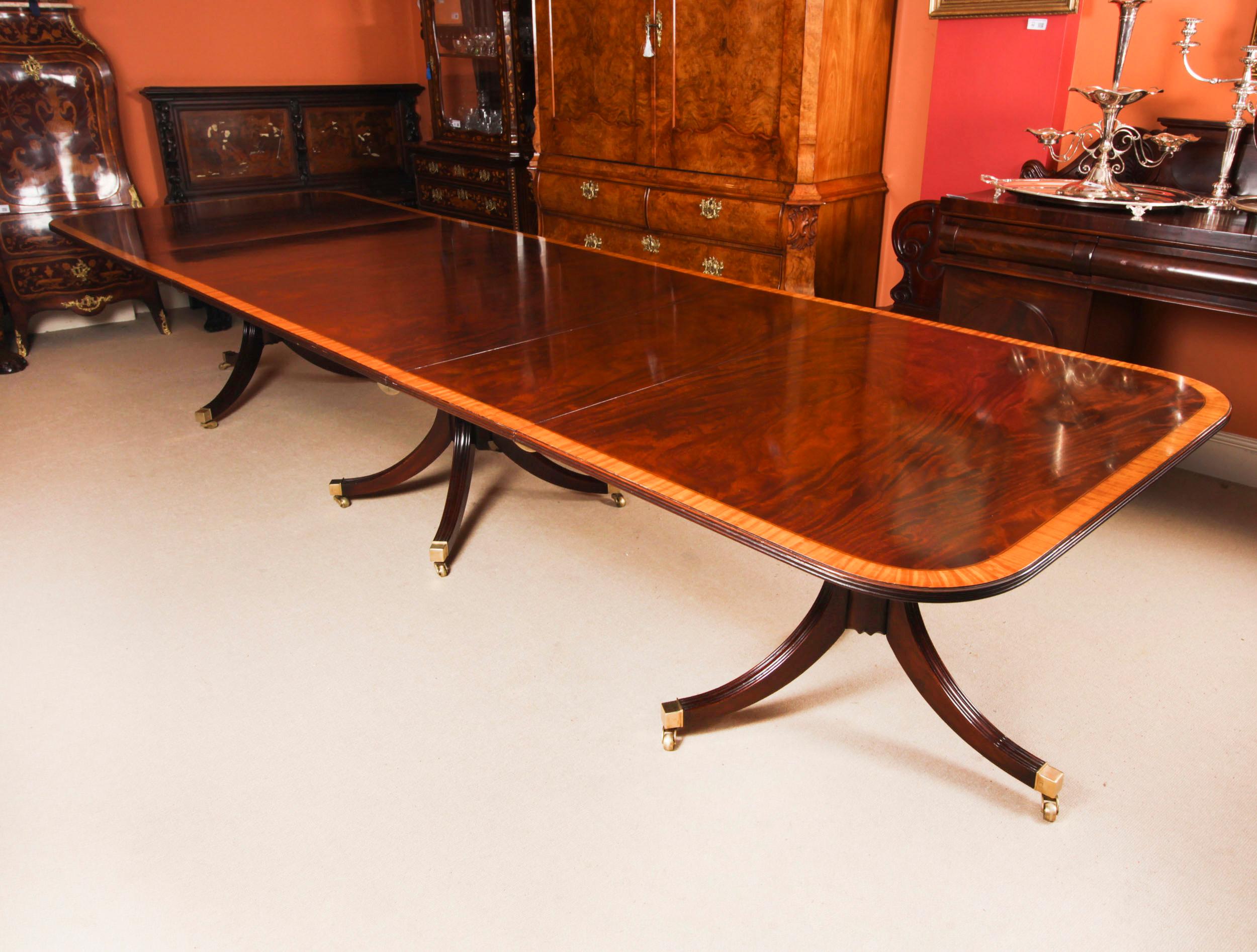 Regency Revival Vintage 13ft Three Pillar Mahogany Dining Table with 14 Chairs 20th C For Sale
