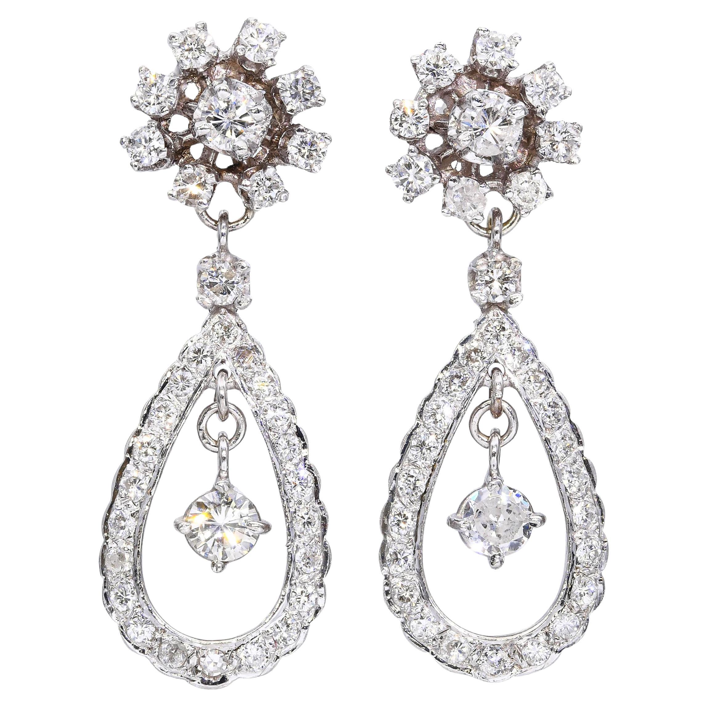 Vintage 13k White Gold 1.95tcw J Si1 Diamond Loop Dangle Earrings