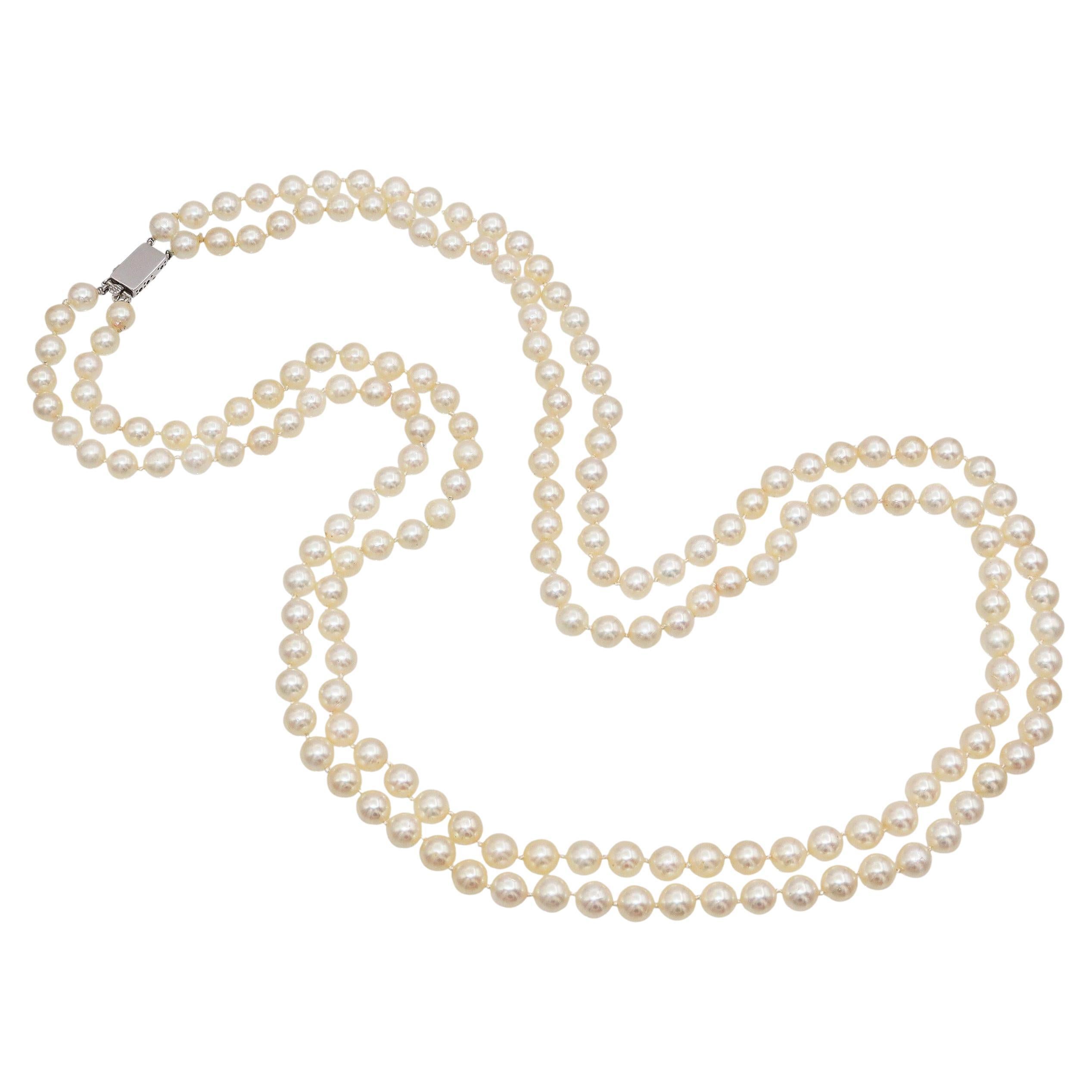 Vintage 13k White Gold Matinee-Length Beaded Double Strand Pearl Necklace For Sale