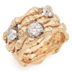 Vintage 13k Yellow Gold 0.97tcw Old Euro Diamond Bamboo Wide Band Ring