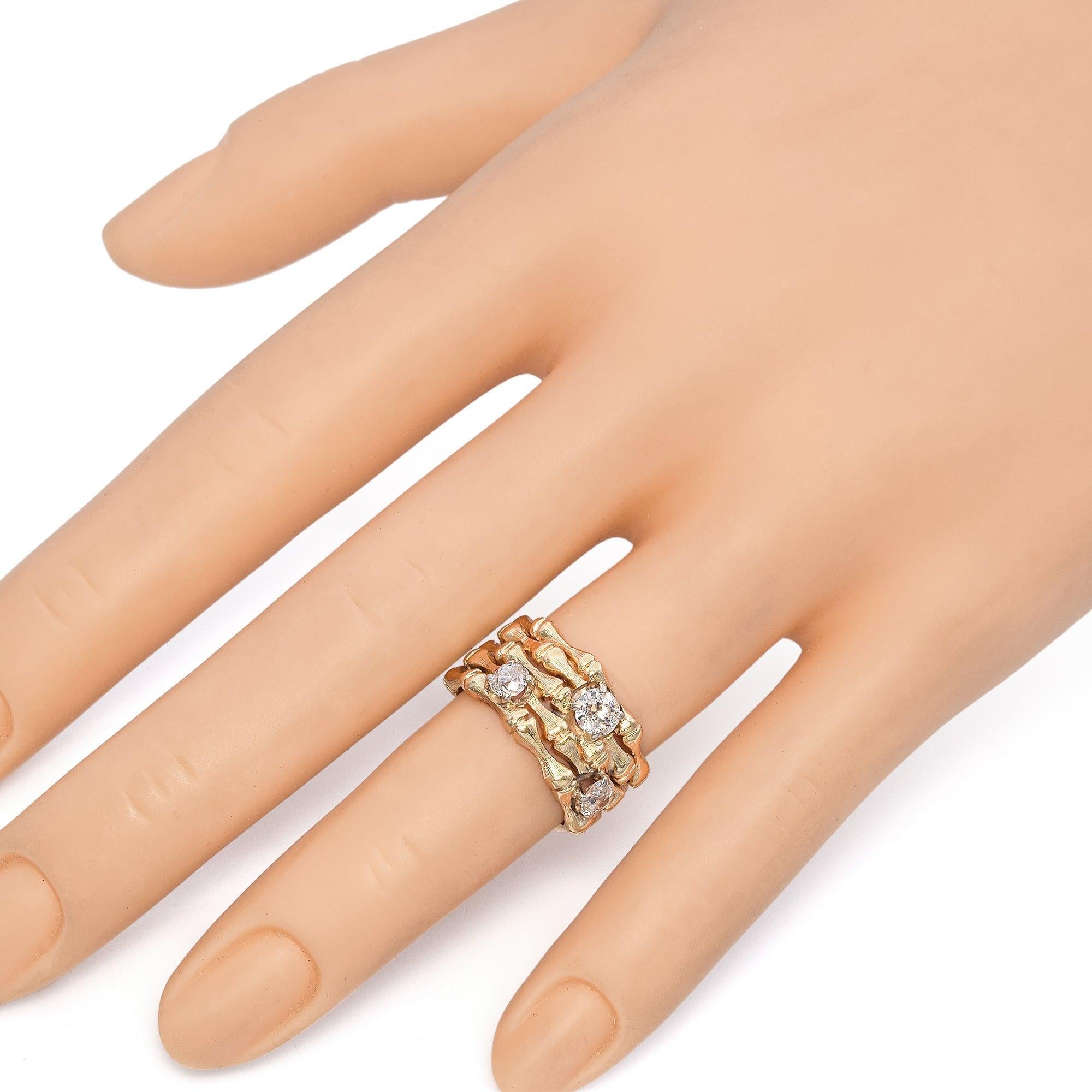 Anillo vintage de oro amarillo de 13k 0,97tcw Anillo ancho de bambú con diamantes del viejo euro Corte europeo antiguo en venta