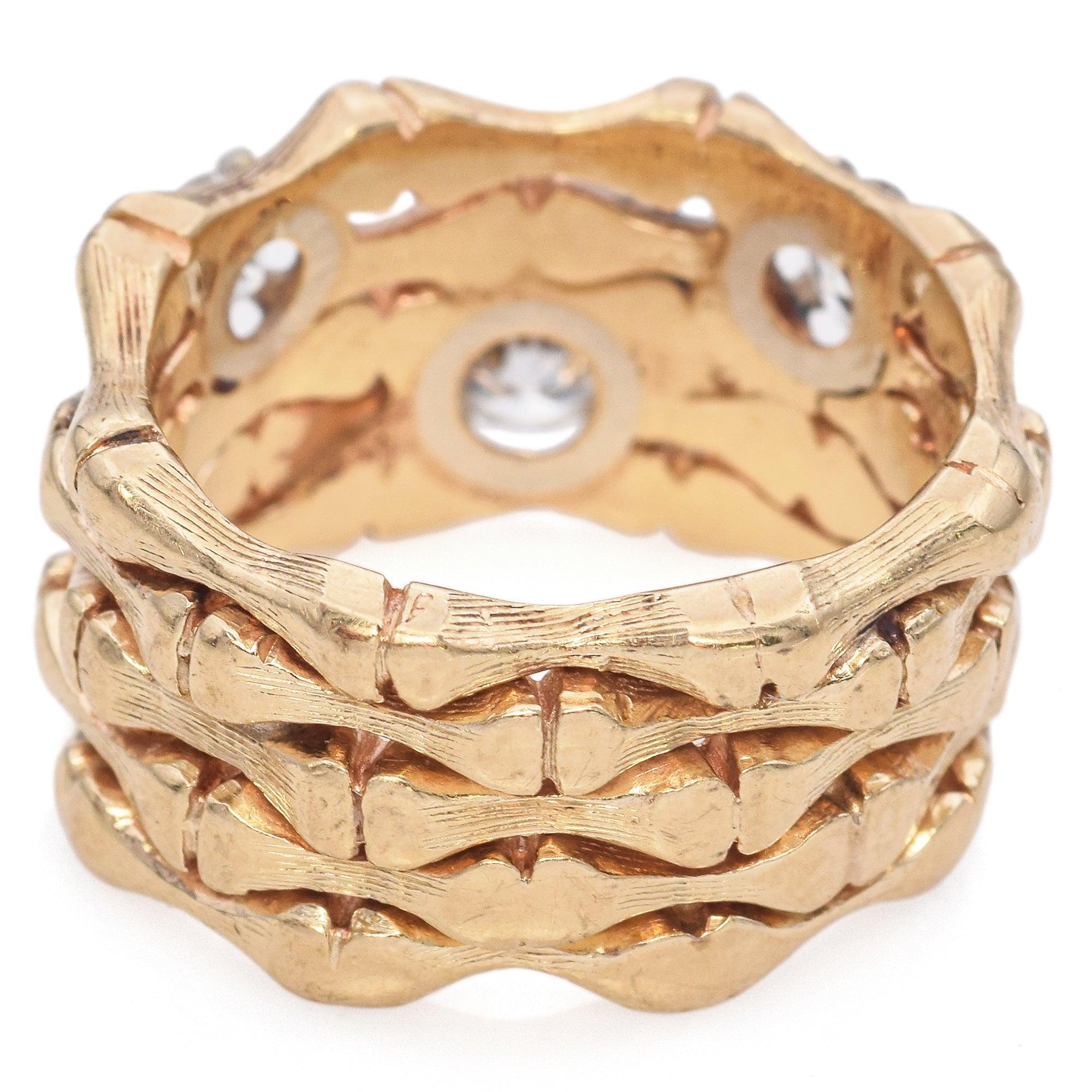 Anillo vintage de oro amarillo de 13k 0,97tcw Anillo ancho de bambú con diamantes del viejo euro en Bueno estado para la venta en New York, NY