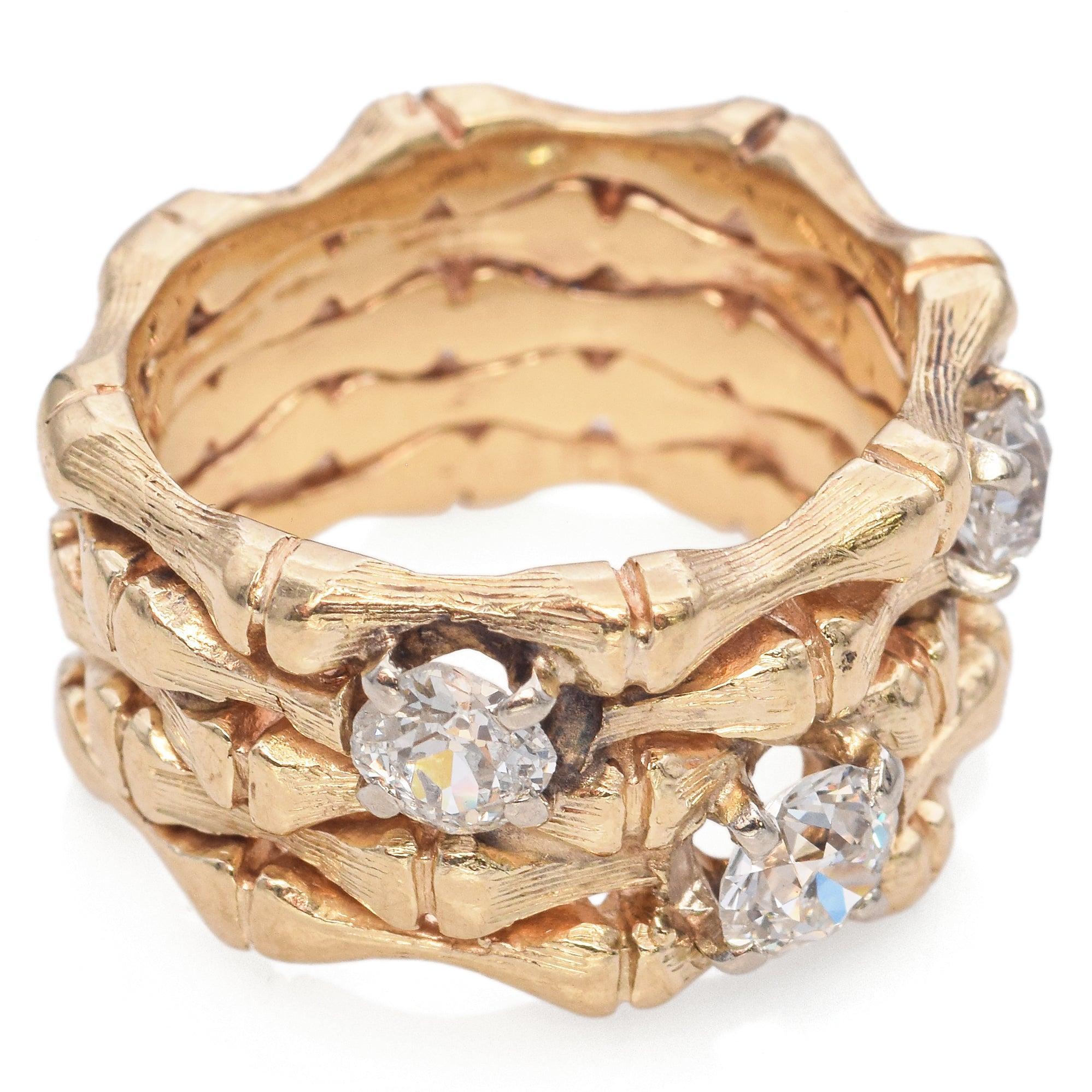 De las mujeres Anillo vintage de oro amarillo de 13k 0,97tcw Anillo ancho de bambú con diamantes del viejo euro en venta