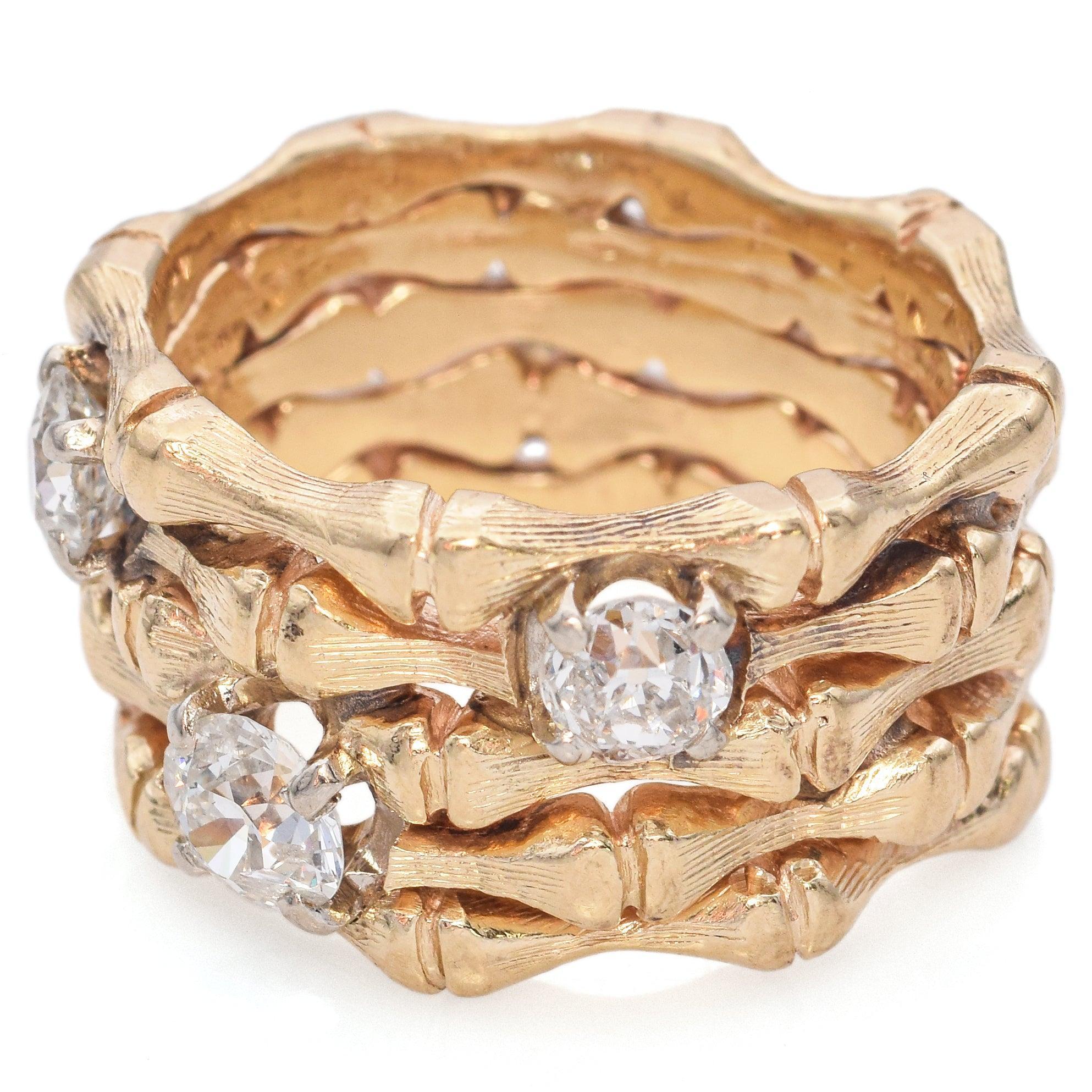 Anillo vintage de oro amarillo de 13k 0,97tcw Anillo ancho de bambú con diamantes del viejo euro en venta 1