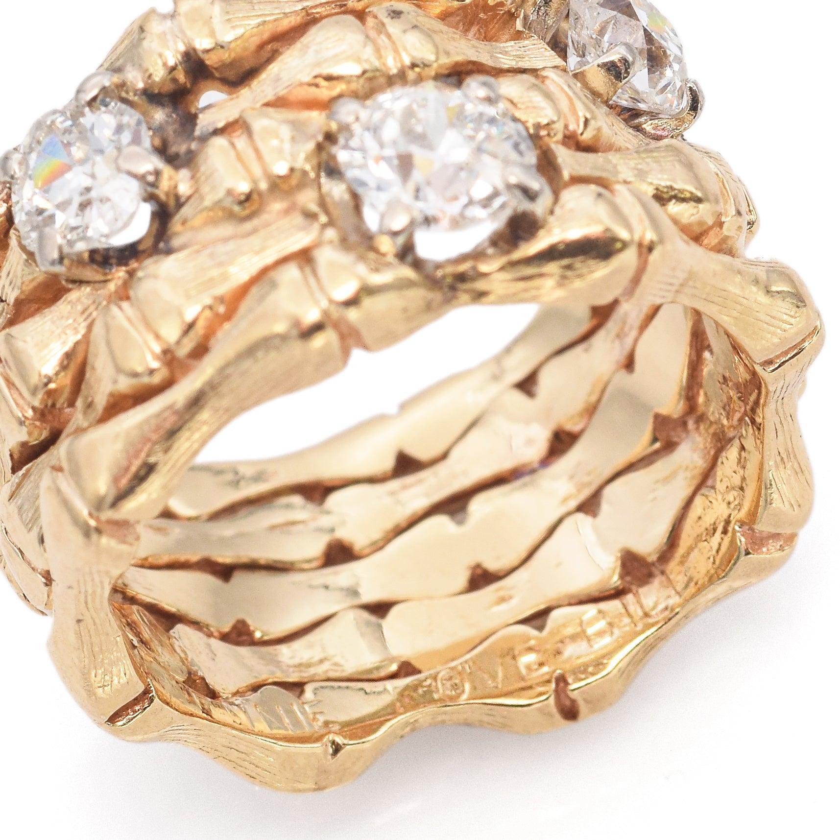 Anillo vintage de oro amarillo de 13k 0,97tcw Anillo ancho de bambú con diamantes del viejo euro en venta 2