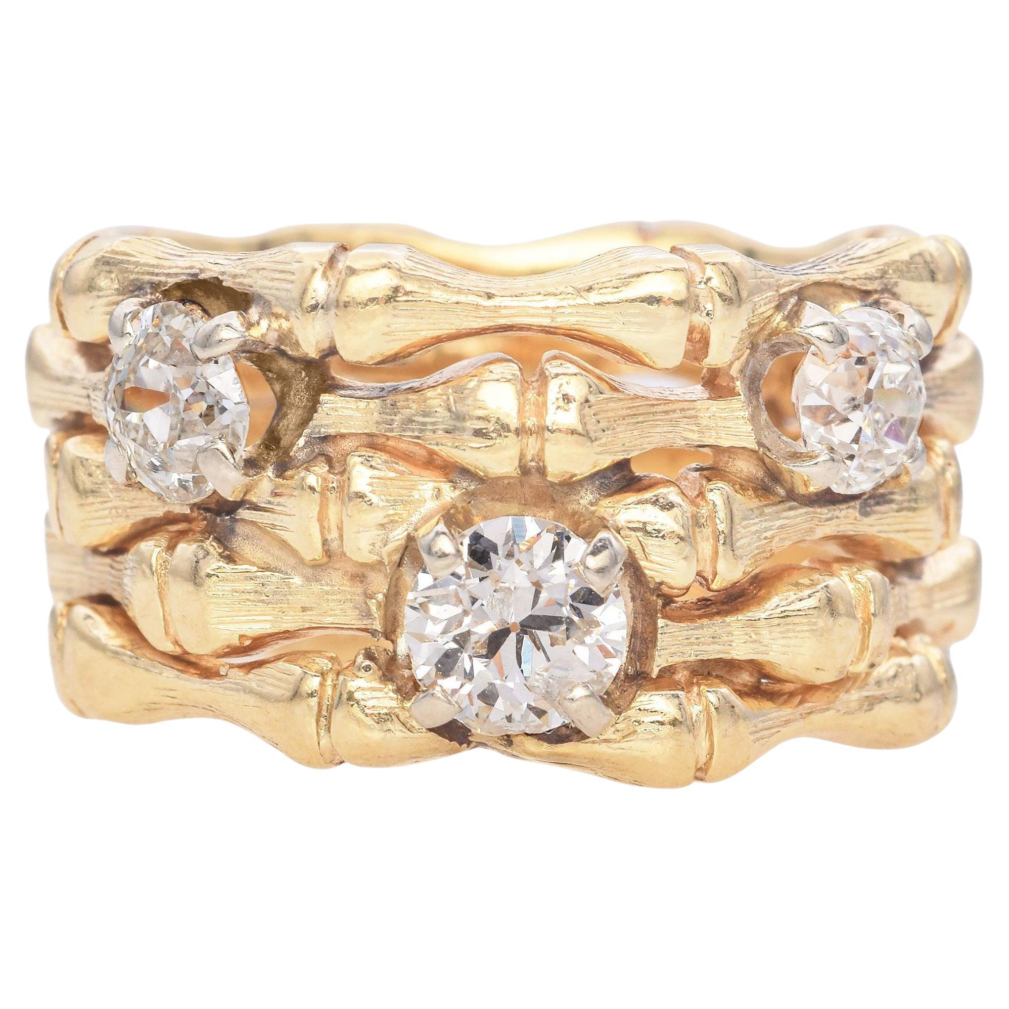 Anillo vintage de oro amarillo de 13k 0,97tcw Anillo ancho de bambú con diamantes del viejo euro en venta