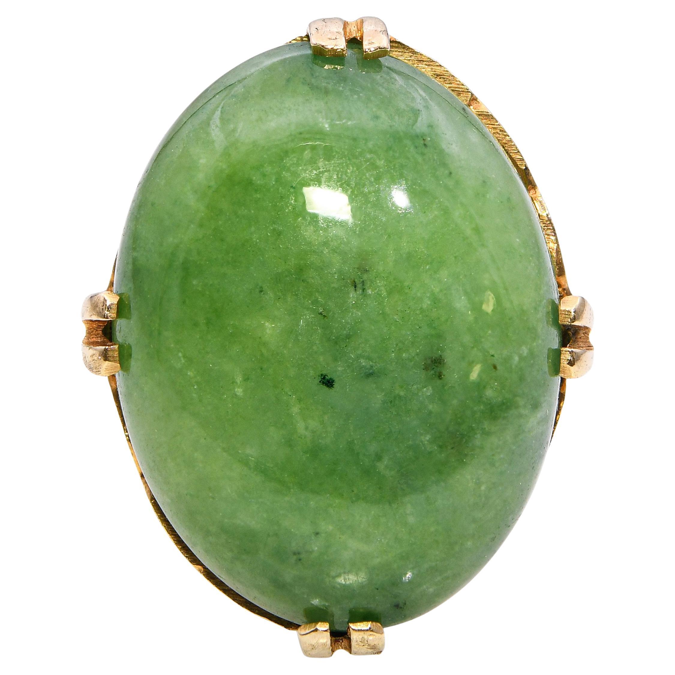 Vintage 13k Gelbgold 14,96ct Jadeit Cabochon Ring