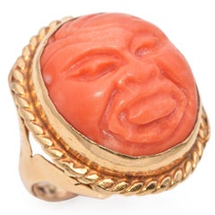 Vintage 13K Yellow Gold Carved Coral Face Cocktail Ring