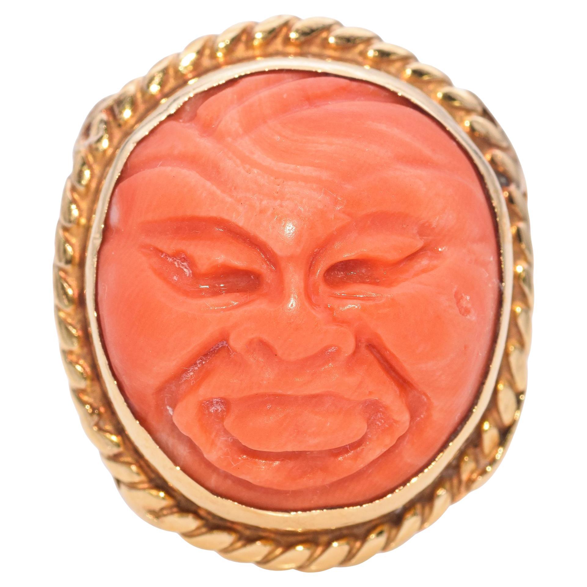 Vintage 13K Yellow Gold Carved Coral Face Cocktail Ring