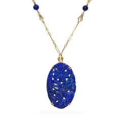 Vintage 13k Yellow Gold Lapis Lazuli Pendant Necklace
