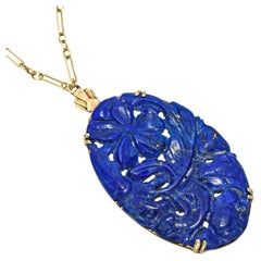 Vintage 13k Yellow Gold Carved Lapis Lazuli Pendant Necklace
