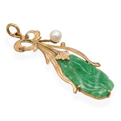 Vintage 13k Yellow Gold Jade and Pearl Floral Pendant