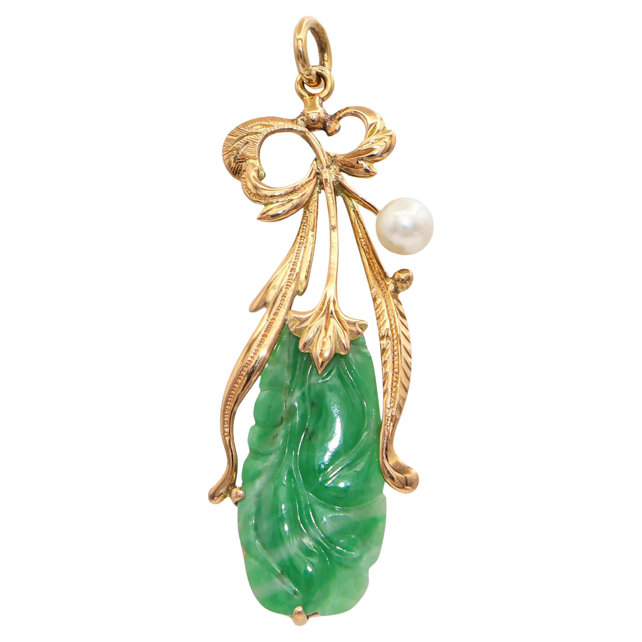 Vintage 13k Yellow Gold Jade and Pearl Floral Pendant