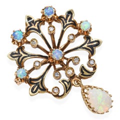 Vintage 13k Yellow Gold Opal Diamond and Enamel Ornate Brooch