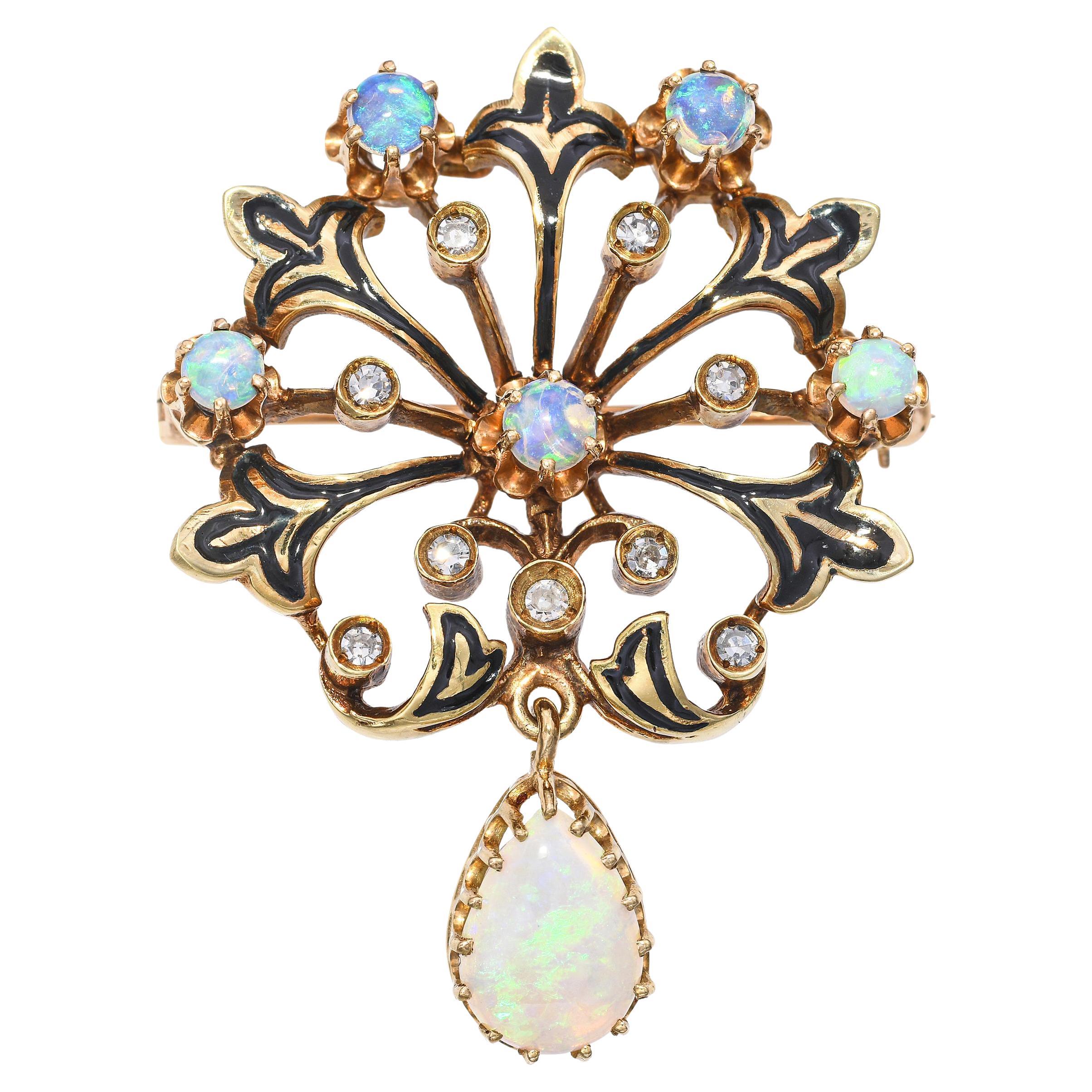 Vintage 13k Gelbgold Opal Diamant und Emaille verziert Brosche