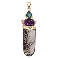 Vintage 13K Yellow Gold Sagenitic Quartz Tourmaline 
Amethyst Pendant