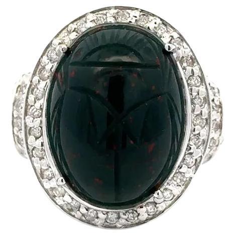 Vintage 14 Carat Carved Oval Bloodstone Scarab and Diamond Gold Statement Ring For Sale