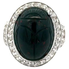 Retro 14 Carat Carved Oval Bloodstone Scarab and Diamond Gold Statement Ring