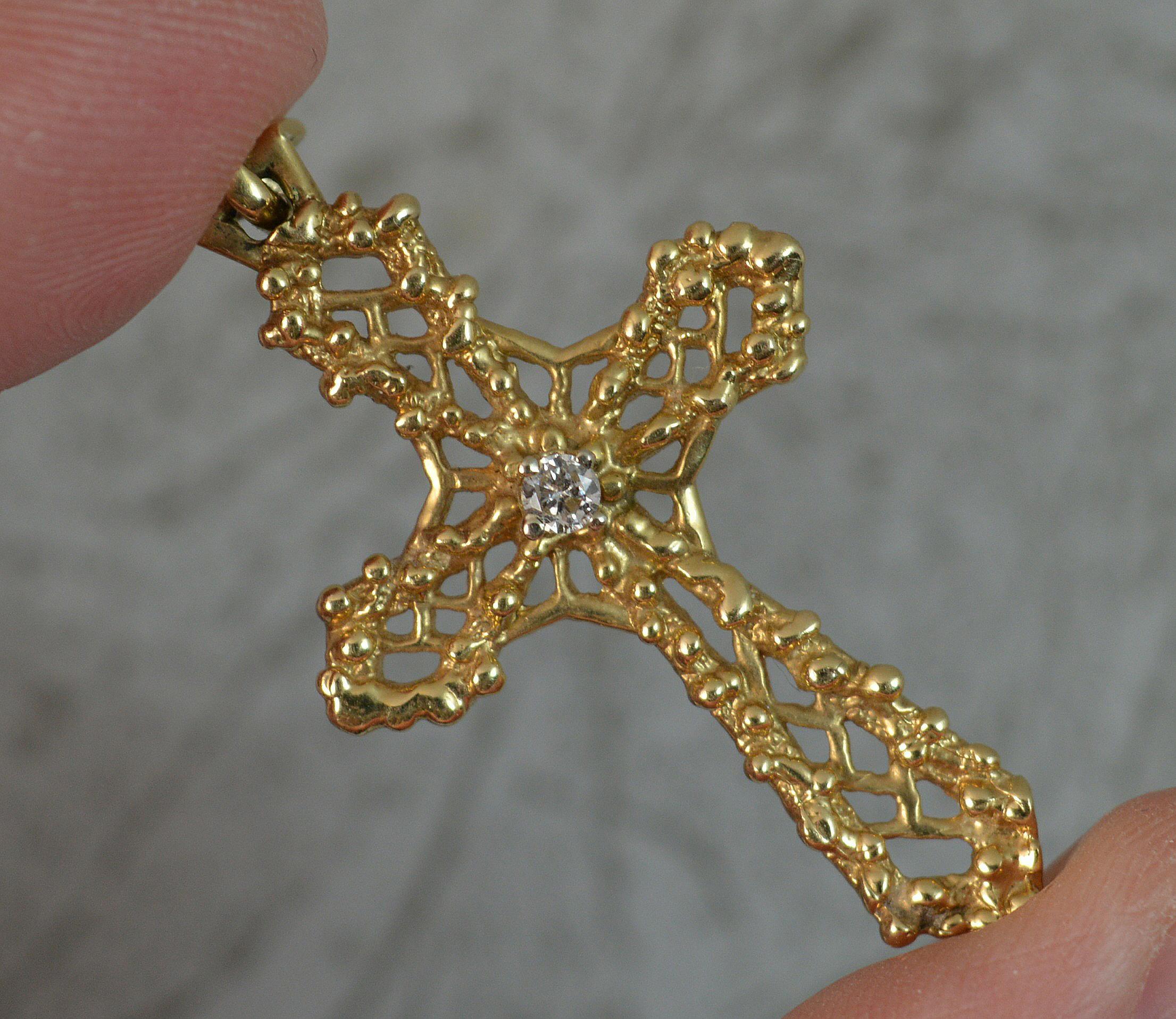 Round Cut Vintage 14 Carat Gold and Diamond Cross Pendant