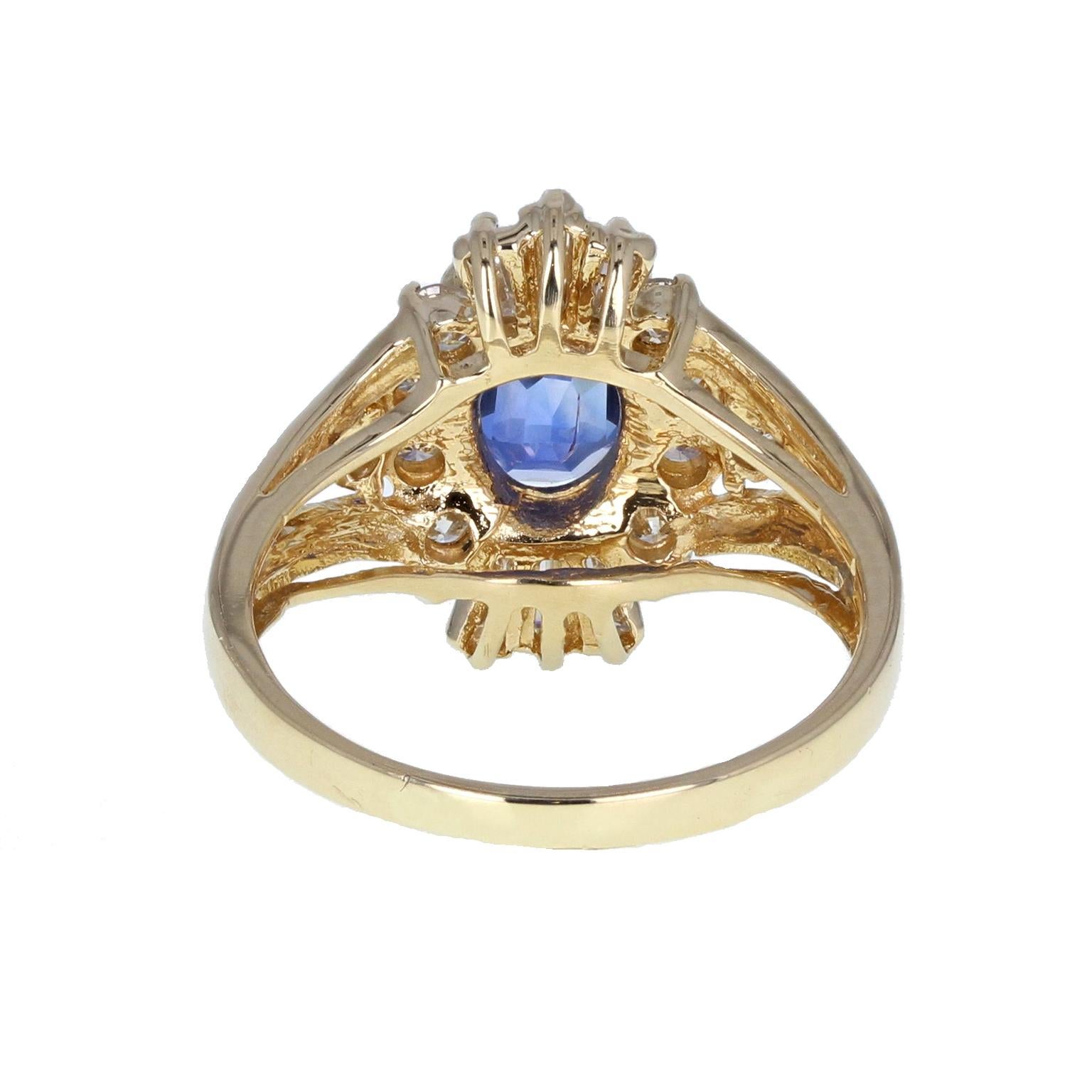 Oval Cut Vintage 14 Carat Gold Blue Sapphire Diamond Cluster Cocktail Engagement Ring