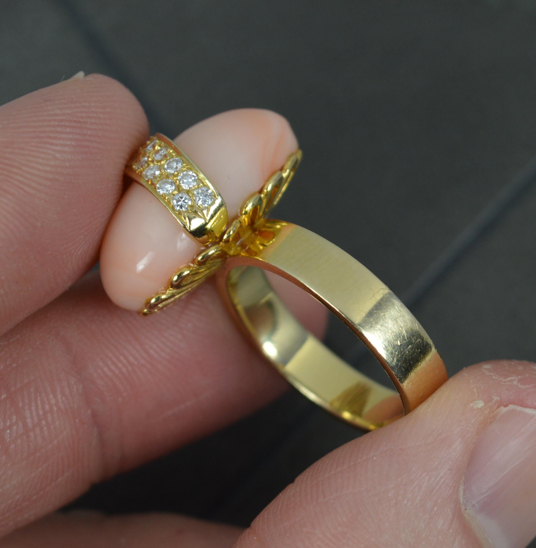 Vintage 14 Carat Gold Coral and Vs Diamond Statement Ring For Sale 1