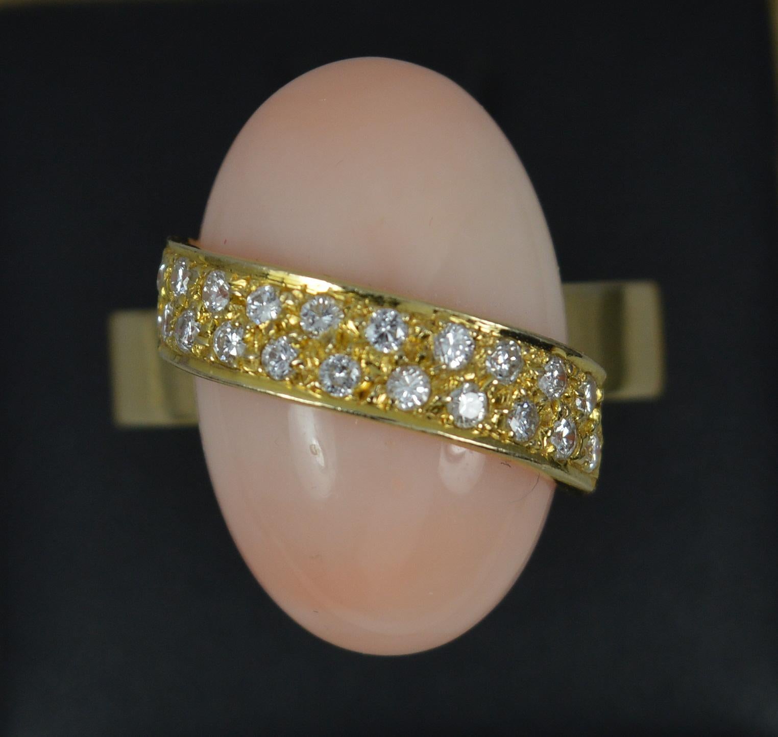 Vintage 14 Carat Gold Coral and Vs Diamond Statement Ring For Sale 4