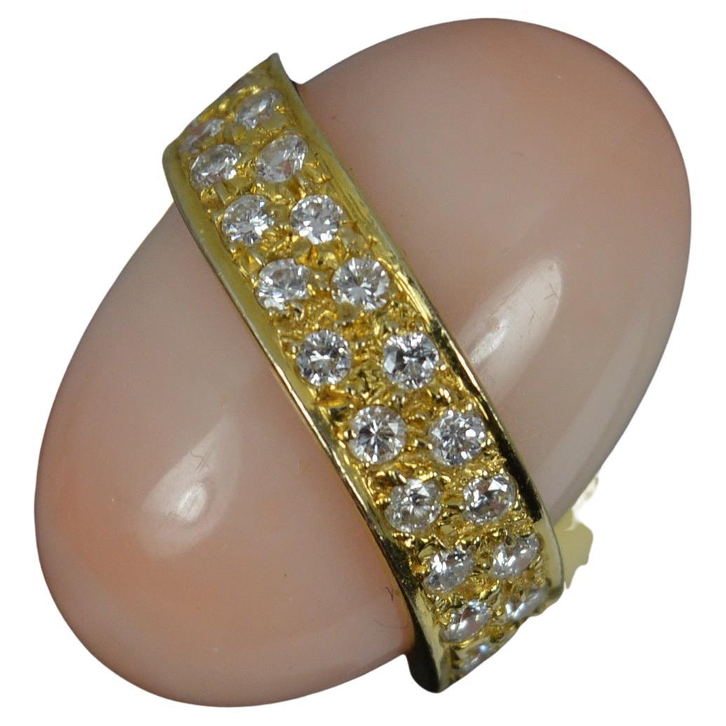 Vintage 14 Carat Gold Coral and Vs Diamond Statement Ring For Sale