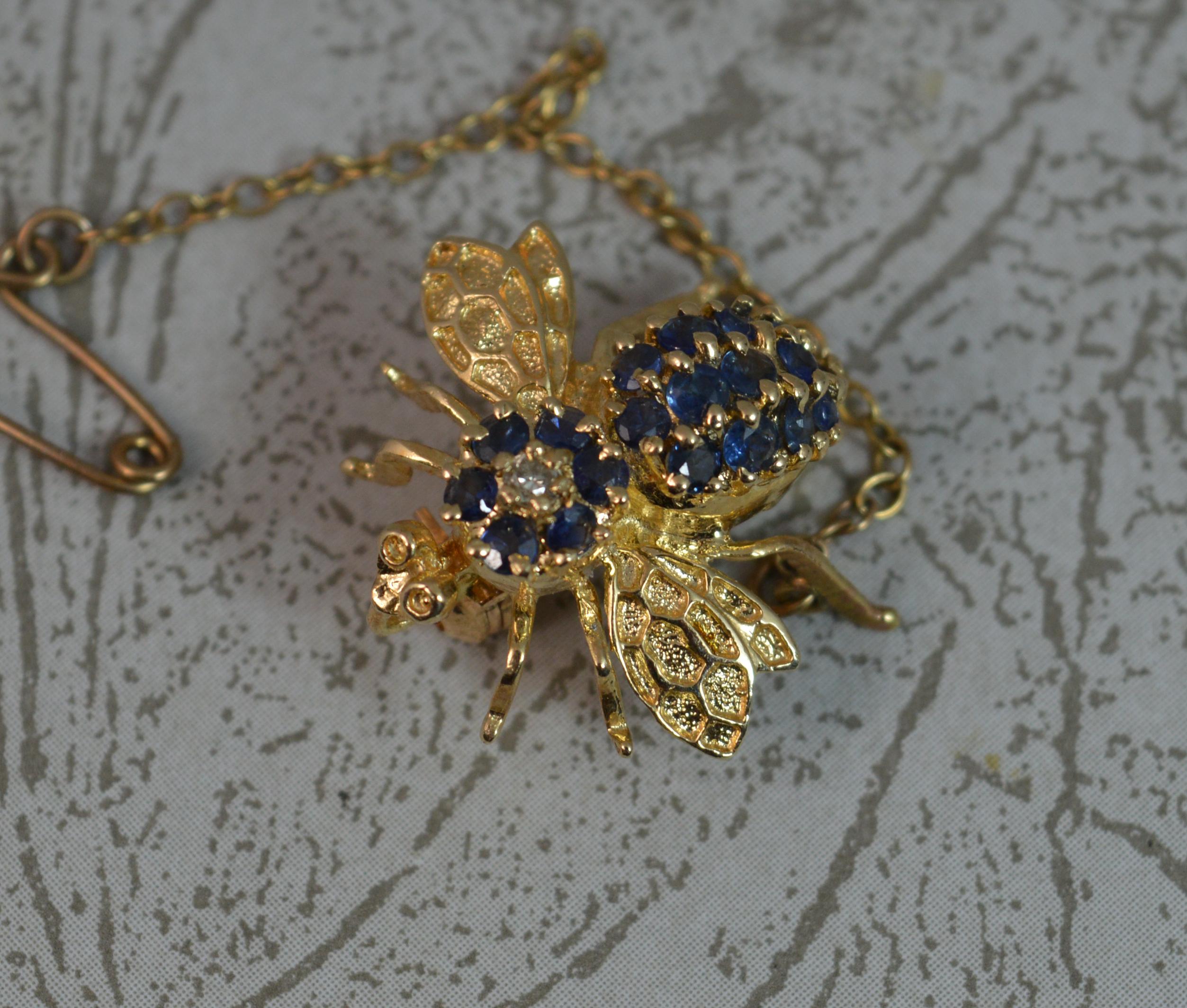 Round Cut Vintage 14 Carat Gold Diamond and Sapphire Bee Brooch and Pendant