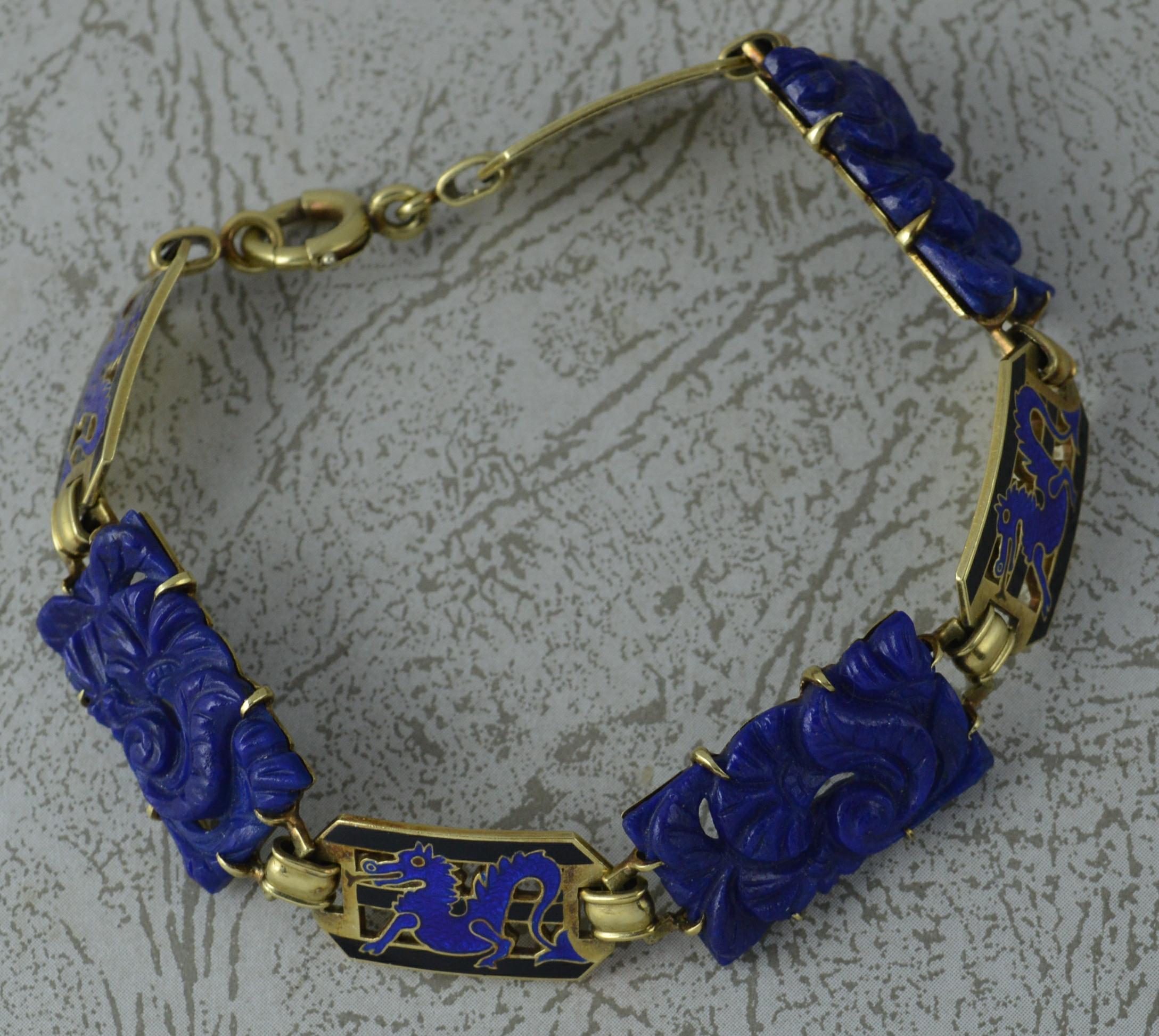 Vintage 14 Carat Gold Lapis Lazuli and Enamel Bracelet 7 1/2