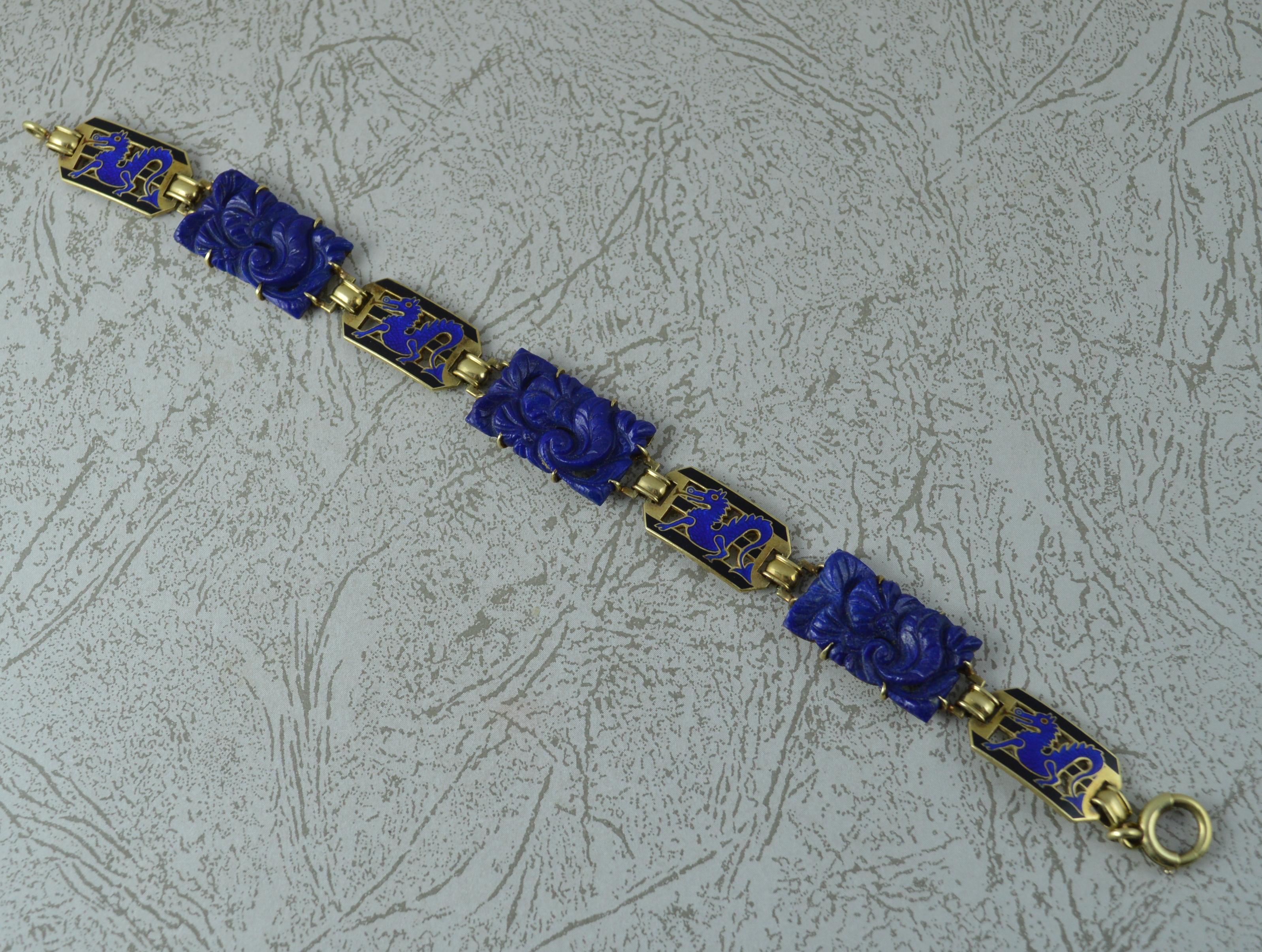 Retro Vintage 14 Carat Gold Lapis Lazuli and Enamel Bracelet 7 1/2