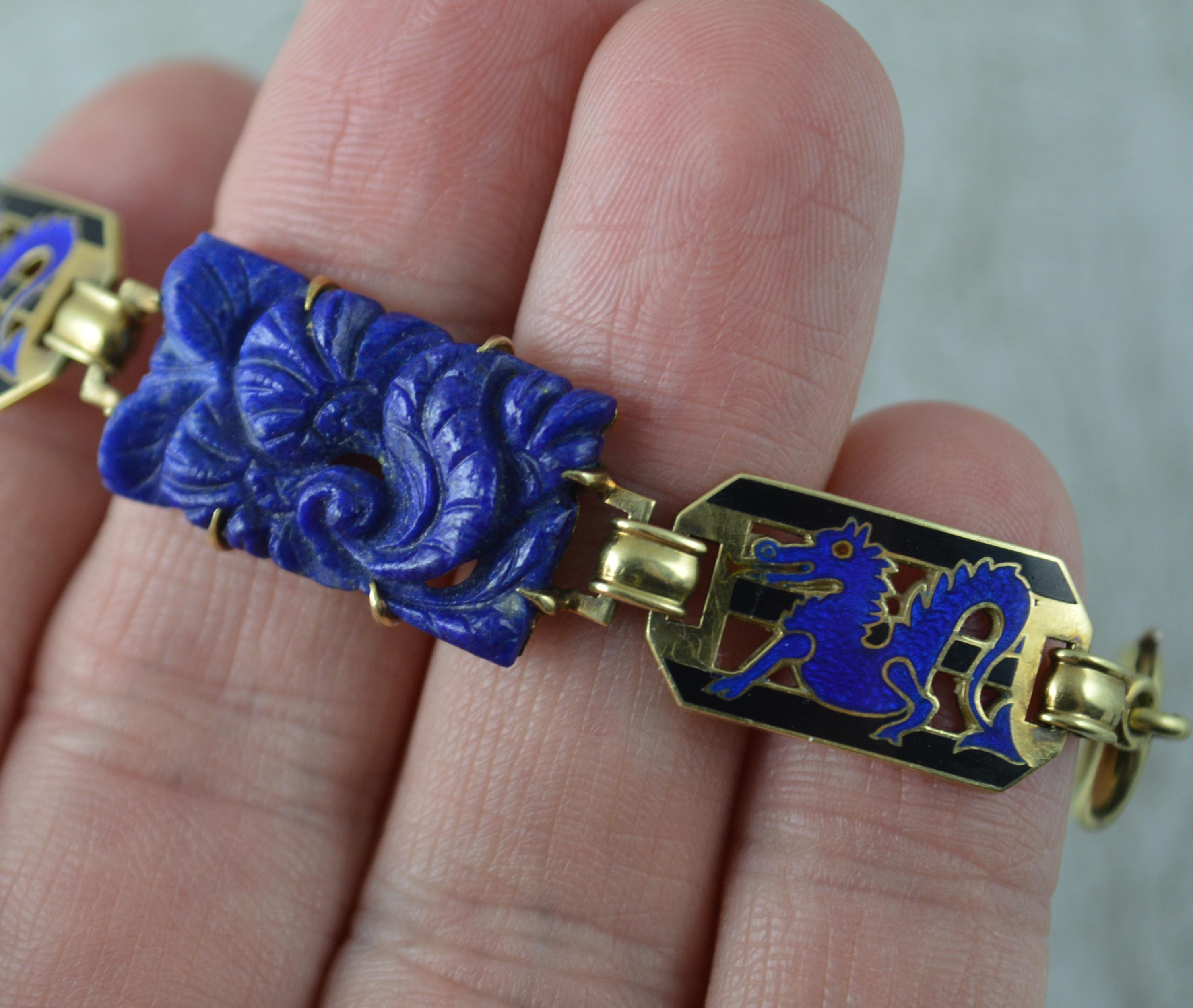 Crisscut Vintage 14 Carat Gold Lapis Lazuli and Enamel Bracelet 7 1/2