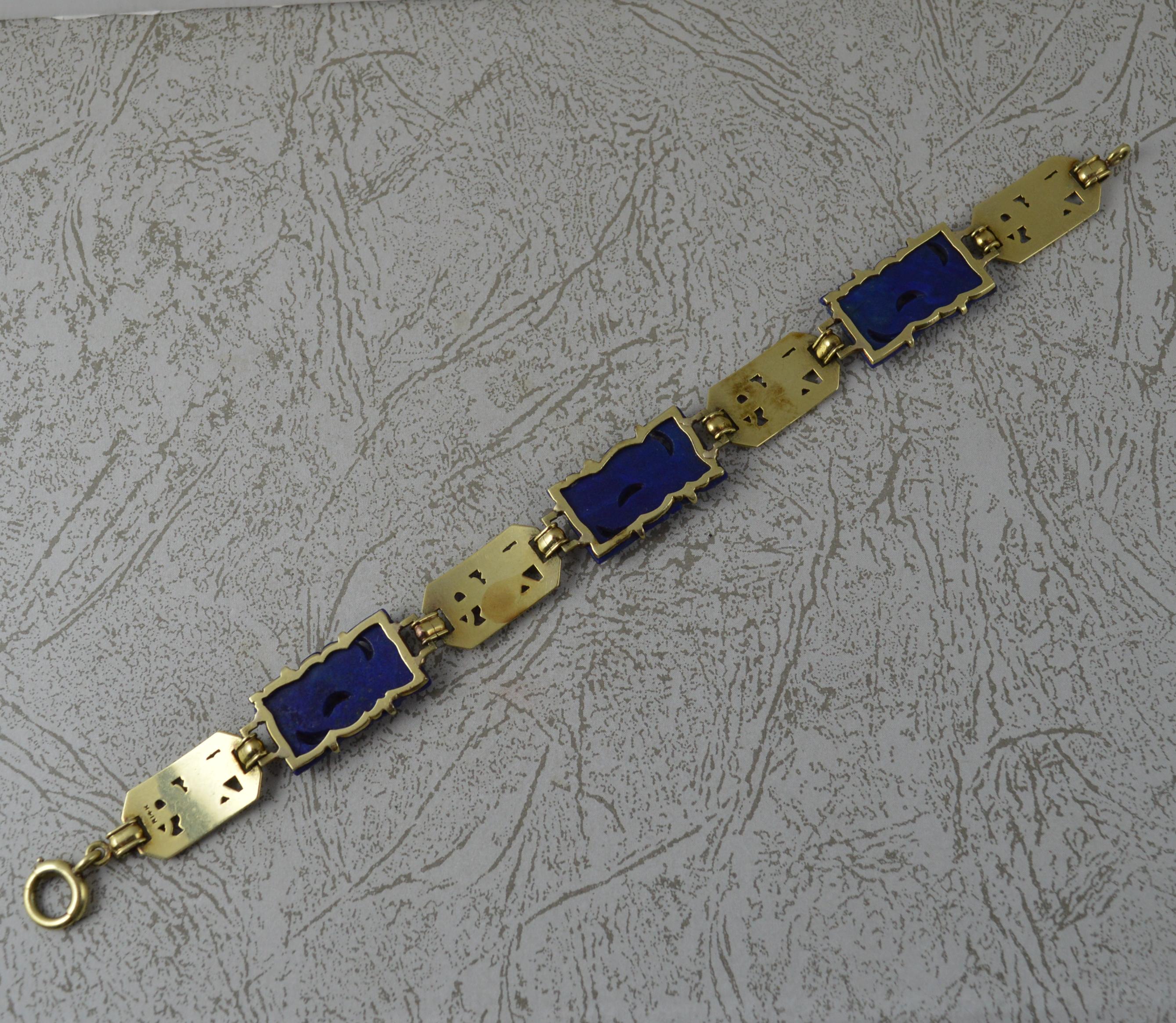 Women's Vintage 14 Carat Gold Lapis Lazuli and Enamel Bracelet 7 1/2