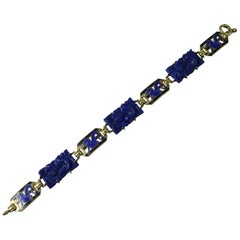 Vintage 14 Carat Gold Lapis Lazuli and Enamel Bracelet 7 1/2" Long