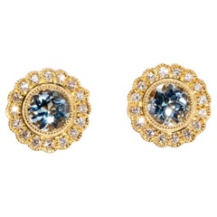 Vintage 14 Carat Yellow Gold Milgrain Rubover Round Aquamarine and Diamond Studs