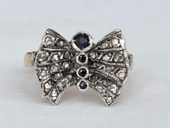 Vintage 14-Carat Yellow Gold & Silver Bow Ring with Rose-Cut Diamonds & Sapphire
