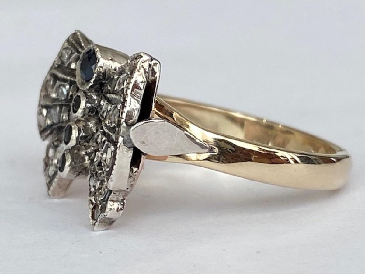 Rose Cut Vintage 14-Carat Yellow Gold & Silver Bow Ring with Rose-Cut Diamonds & Sapphire For Sale