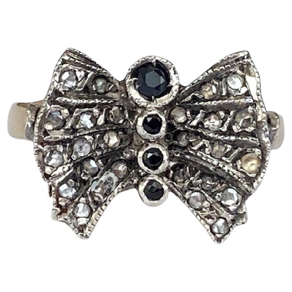 Vintage 14-Carat Yellow Gold & Silver Bow Ring with Rose-Cut Diamonds & Sapphire For Sale