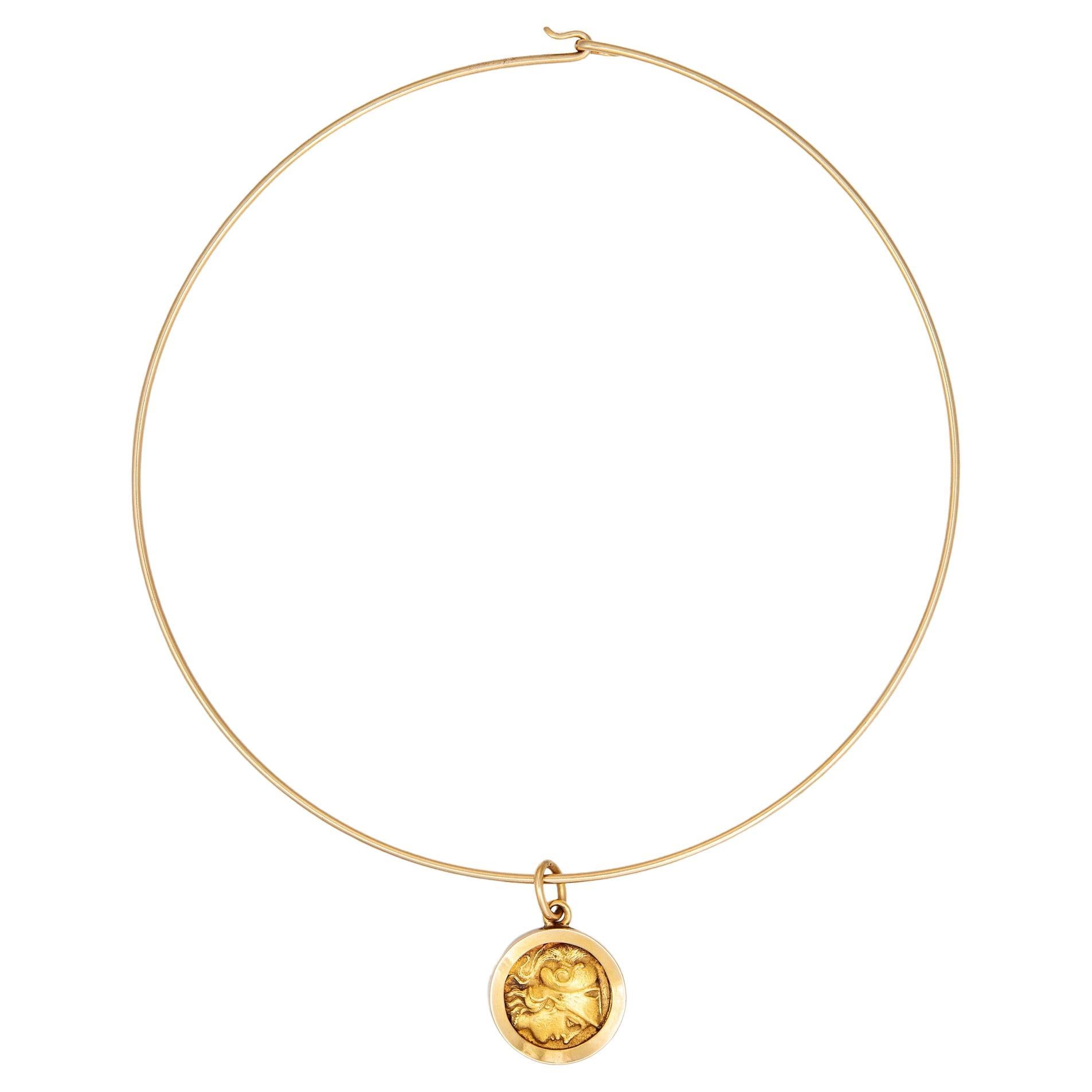 Vintage 14" Kragen Halskette 24k Gold Medaillon Griechisches Motiv Schmuck 14k    im Angebot