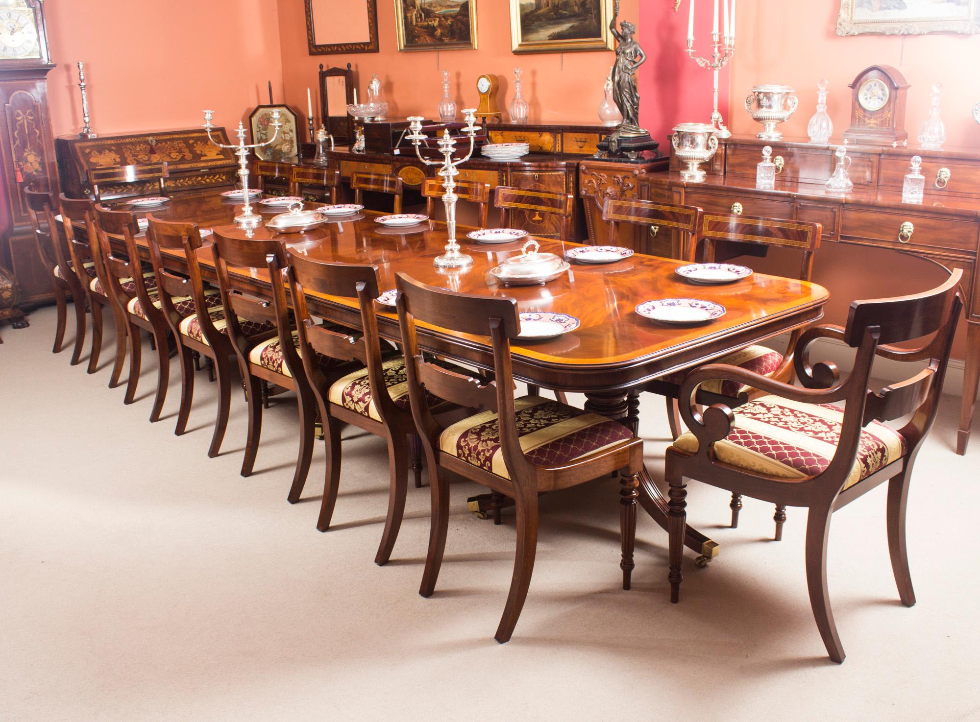 Vintage 14 ft Three Pillar Mahogany Dining Table and 16 Chairs 20th Century In Good Condition For Sale In London, GB