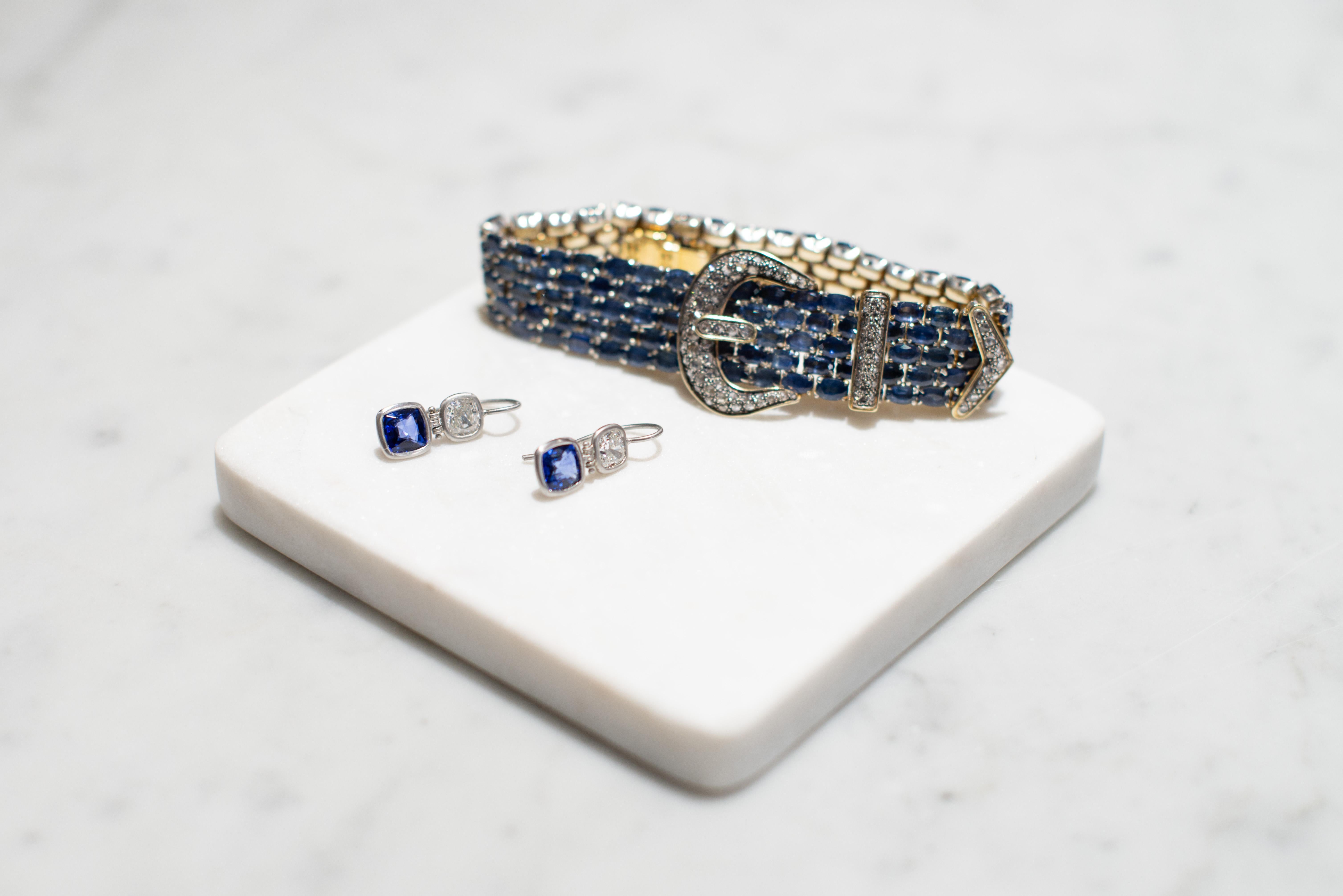 This vintage 14k and Sterling Silver Diamond Sapphire Mesh Bracelet is graceful and striking. A true example of superior craftsmanship and design.  It stands alone in its uniqueness and is a marvel to admire.   It is crafted in 14kt and Sterling