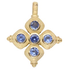 Vintage 14 Karat Croix grecque bleu saphir naturel or jaune massif