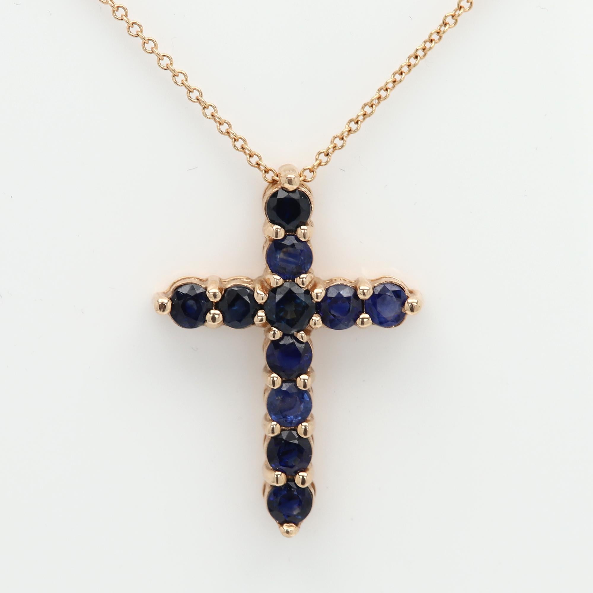 Pendentif croix en saphir bleu vintage
Or rose 14k environ 5,20 grammes
Saphir bleu naturel 11 pierres de 3.5mm chacune
Total environ 2,0 ct 
Taille : environ 1 pouce de haut
Chaîne Chaîne à maillons de base de 16 pouces
#bjn150019110001
(le système