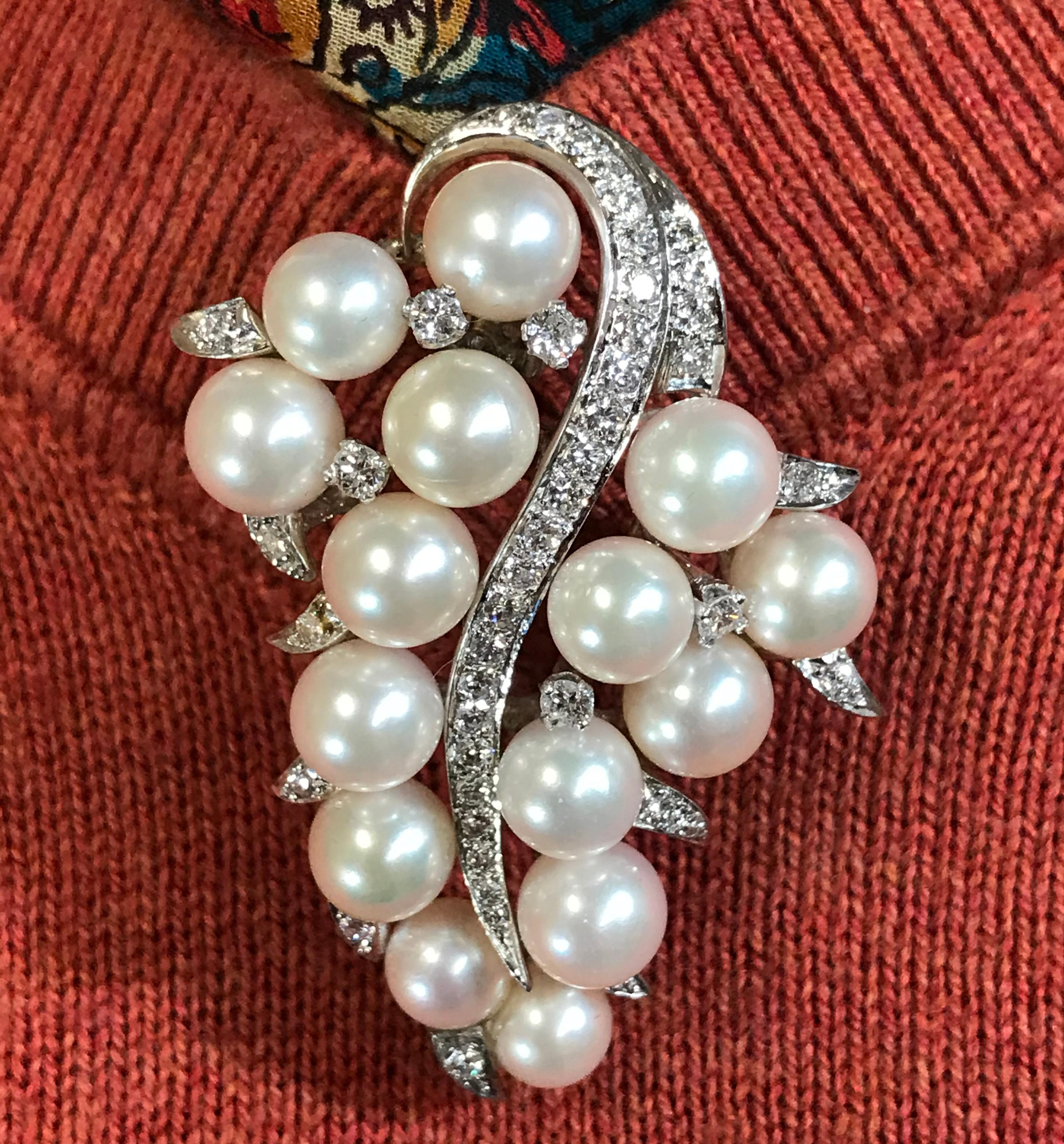 Vintage 14 Karat Diamond Pearl Brooch Pin 1