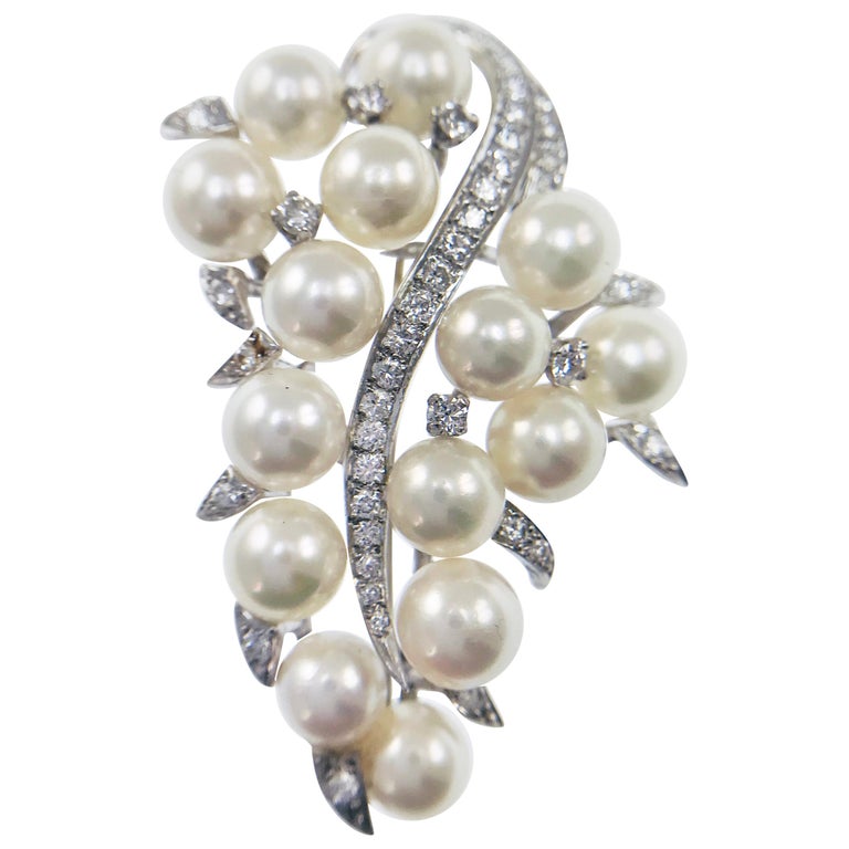 Vintage 14 Karat Diamond Pearl Brooch Pin For Sale at 1stDibs