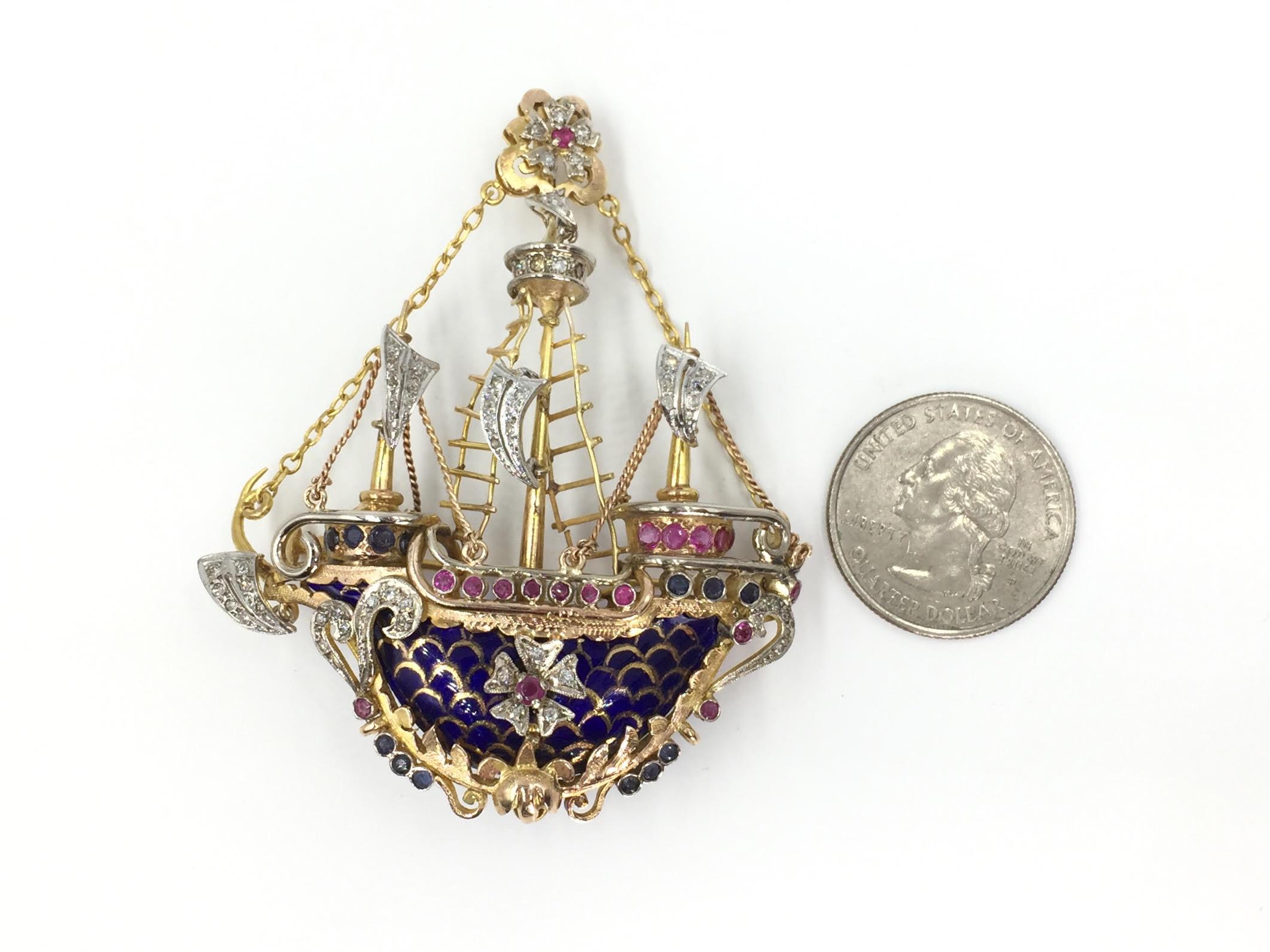 Vintage 14 Karat Enamel Diamond and Sapphire Ship Pendant Brooch 8