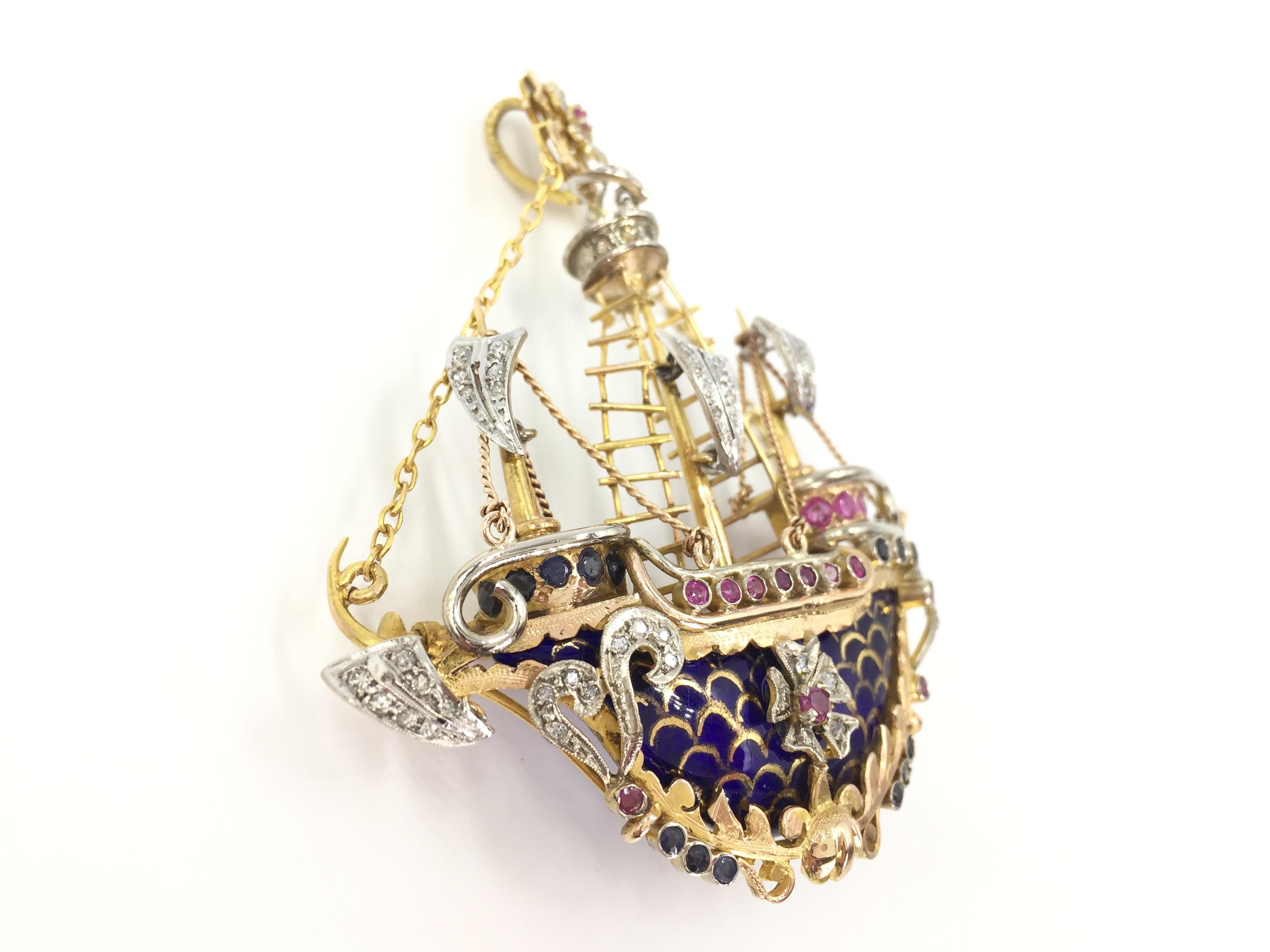 Vintage 14 Karat Enamel Diamond and Sapphire Ship Pendant Brooch In Fair Condition In Pikesville, MD