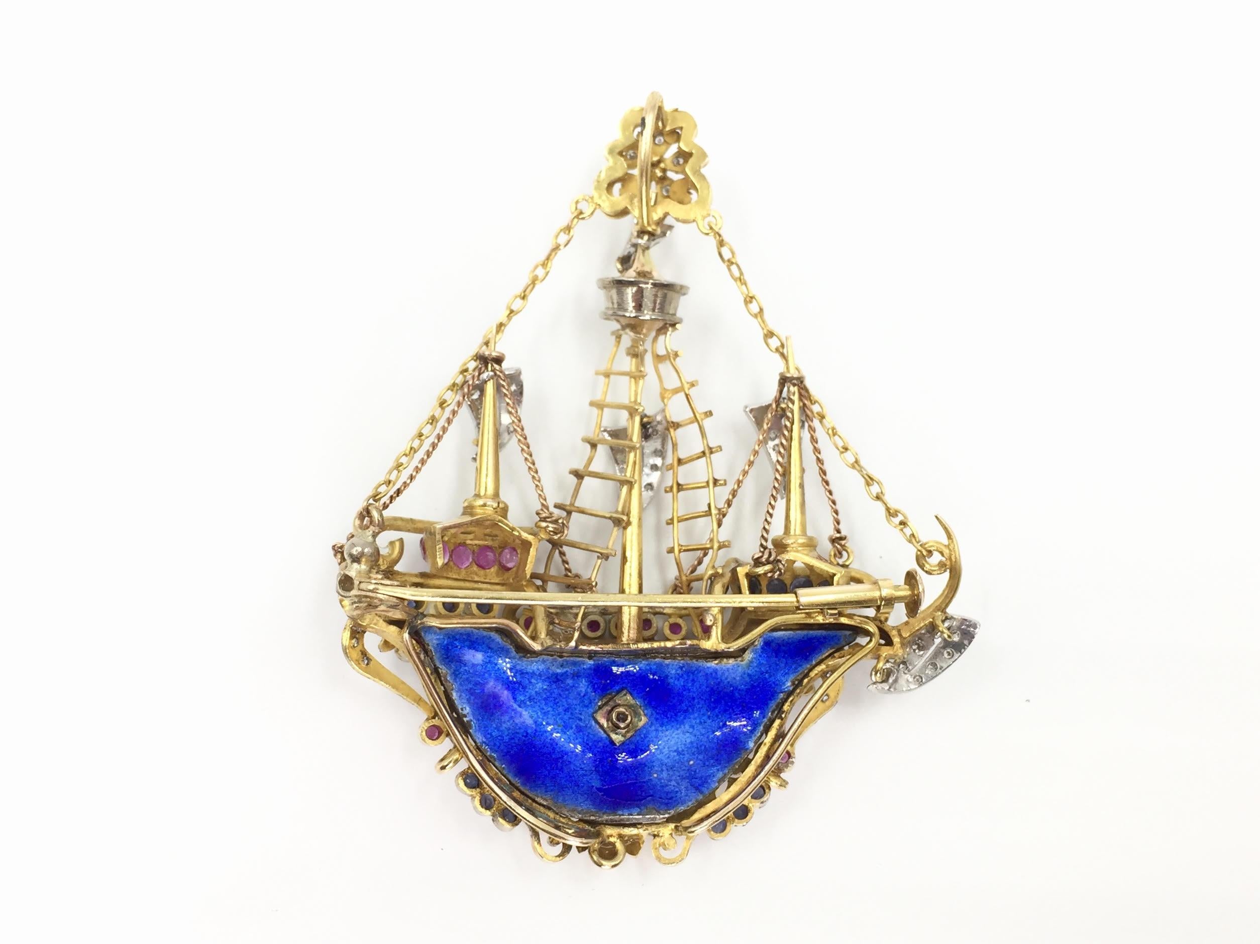 Vintage 14 Karat Enamel Diamond and Sapphire Ship Pendant Brooch 2