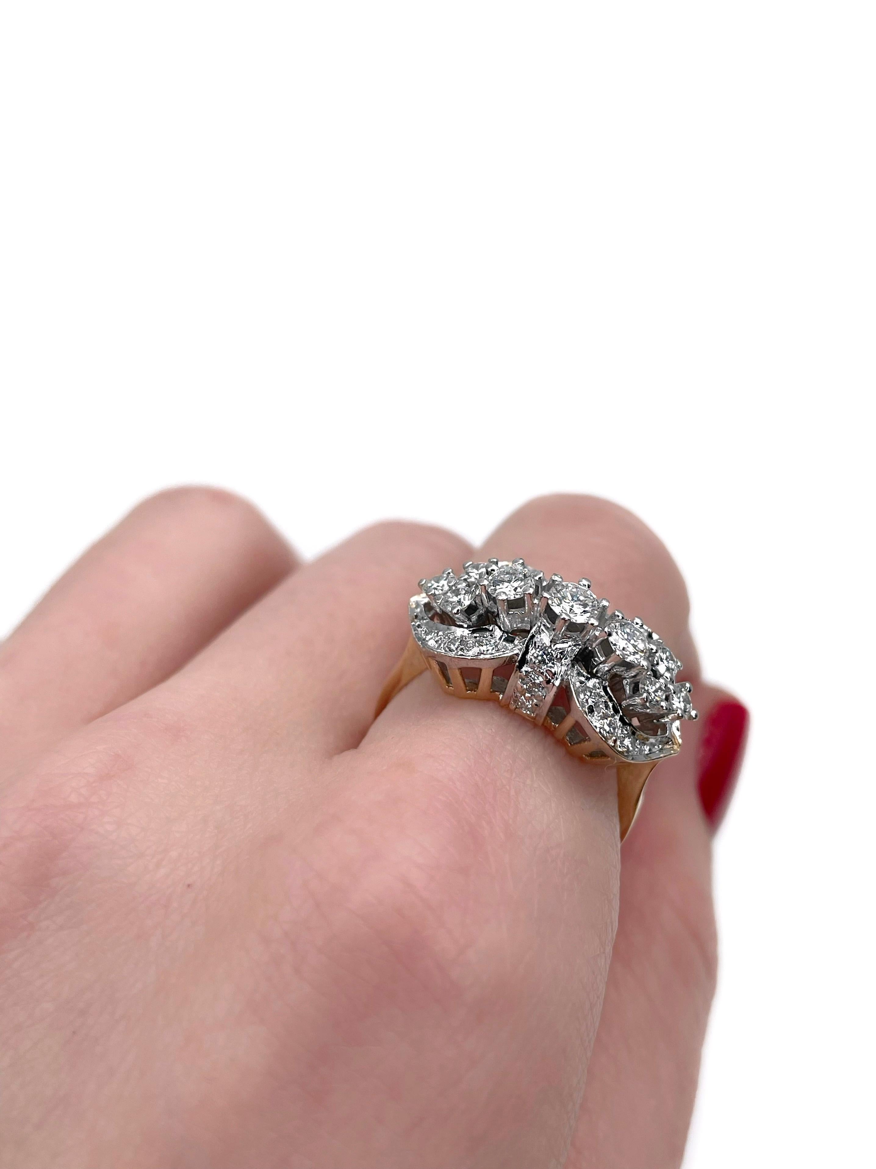Modern Vintage 14 Karat Gold TW 0.96 Carat Diamond Bow Shape Cocktail Ring