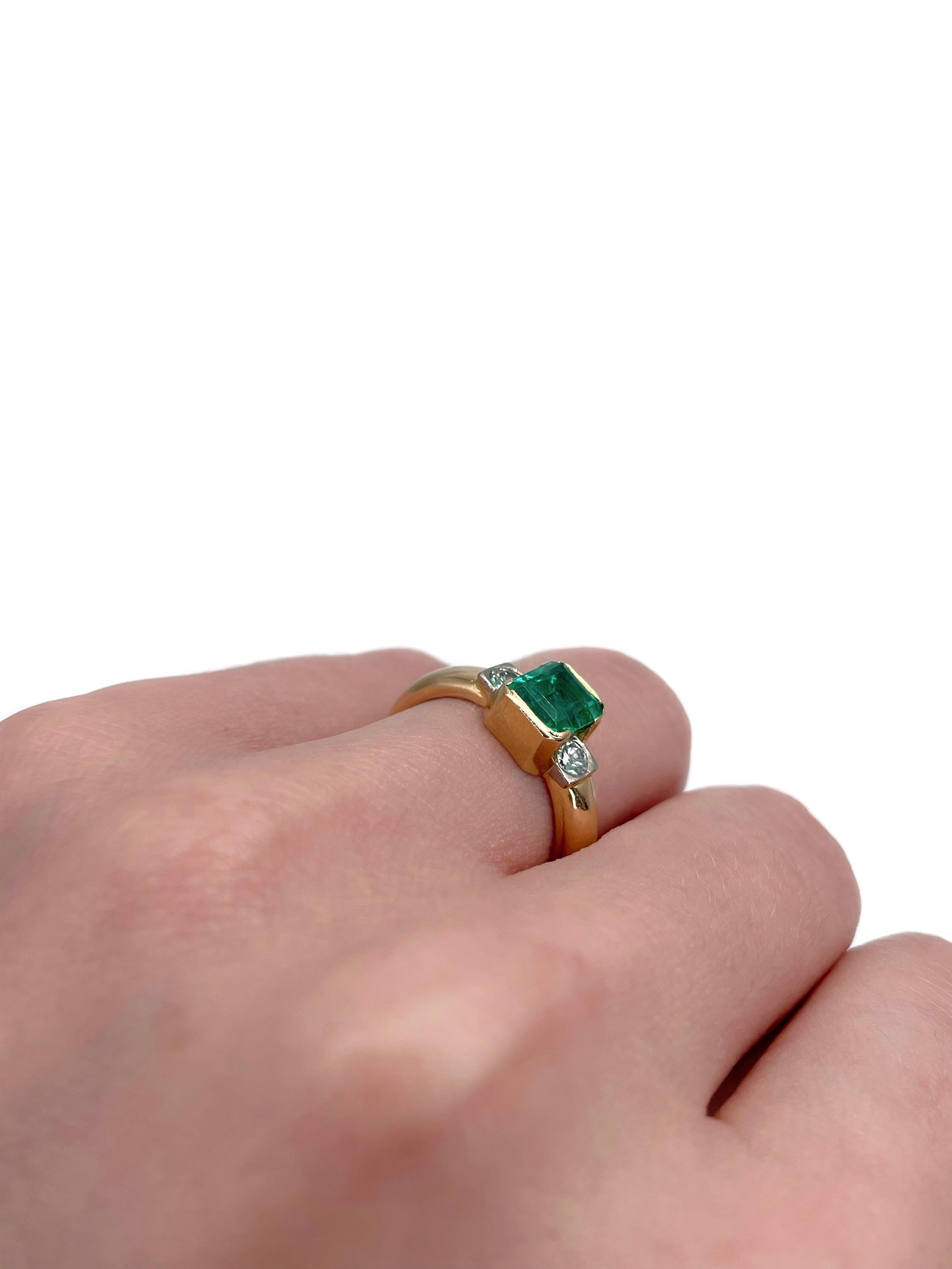 Modern Vintage 14 Karat Gold 1.10 Carat Emerald 0.21 Carat Diamond Three-Stone Ring