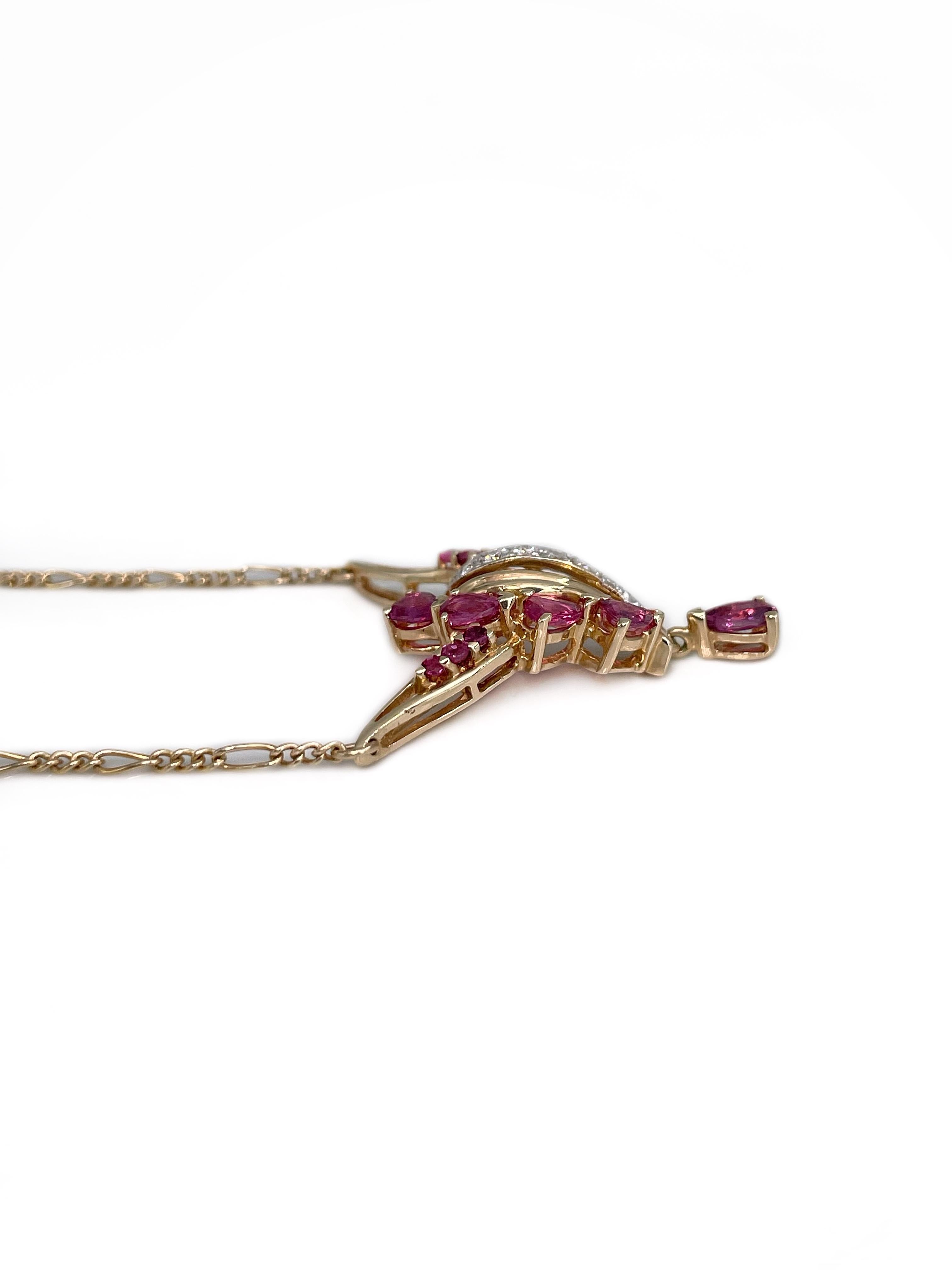 Mixed Cut Vintage 14 Karat Gold 1.10 Carat Ruby 0.10 Carat Diamond Collier Necklace For Sale